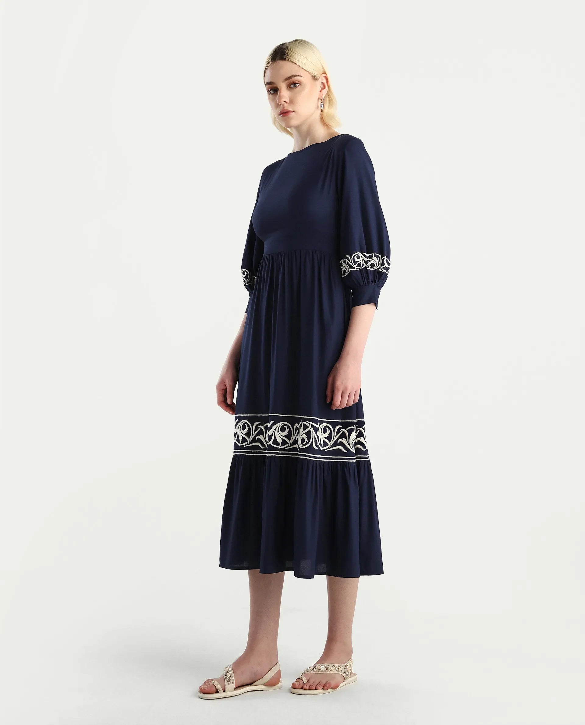 Rareism Women's Jenpen Navy Viscose Boat Neck Fit And Flare Plain Midi Dress
