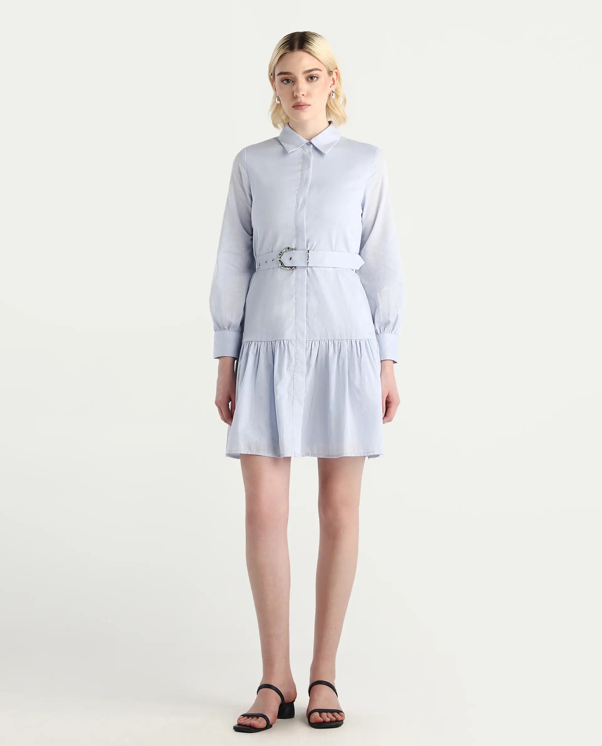 Rareism Women's Jenron Blue Cotton Blend Collared Neck Flared Plain Dress