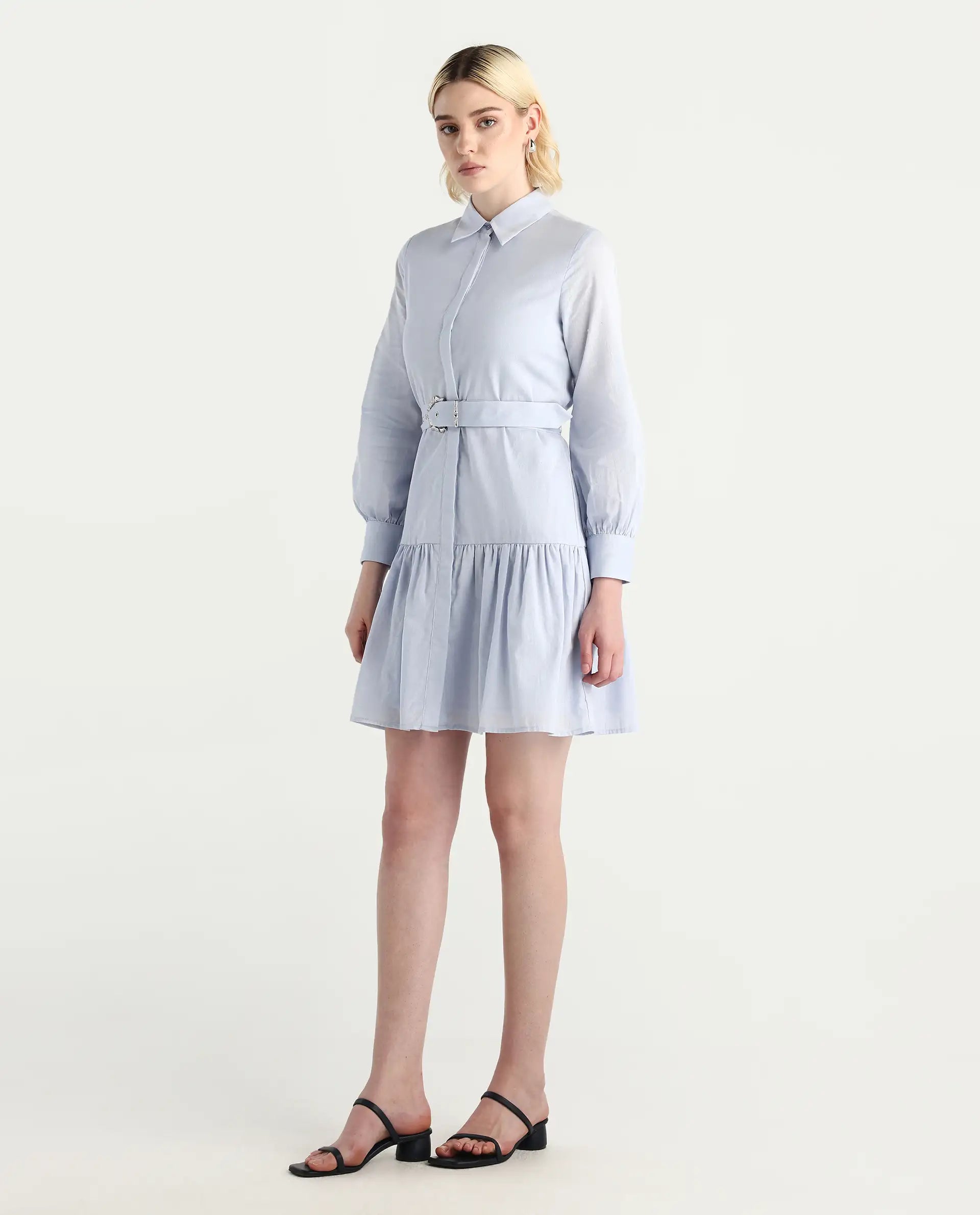 Rareism Women's Jenron Blue Cotton Blend Collared Neck Flared Plain Dress