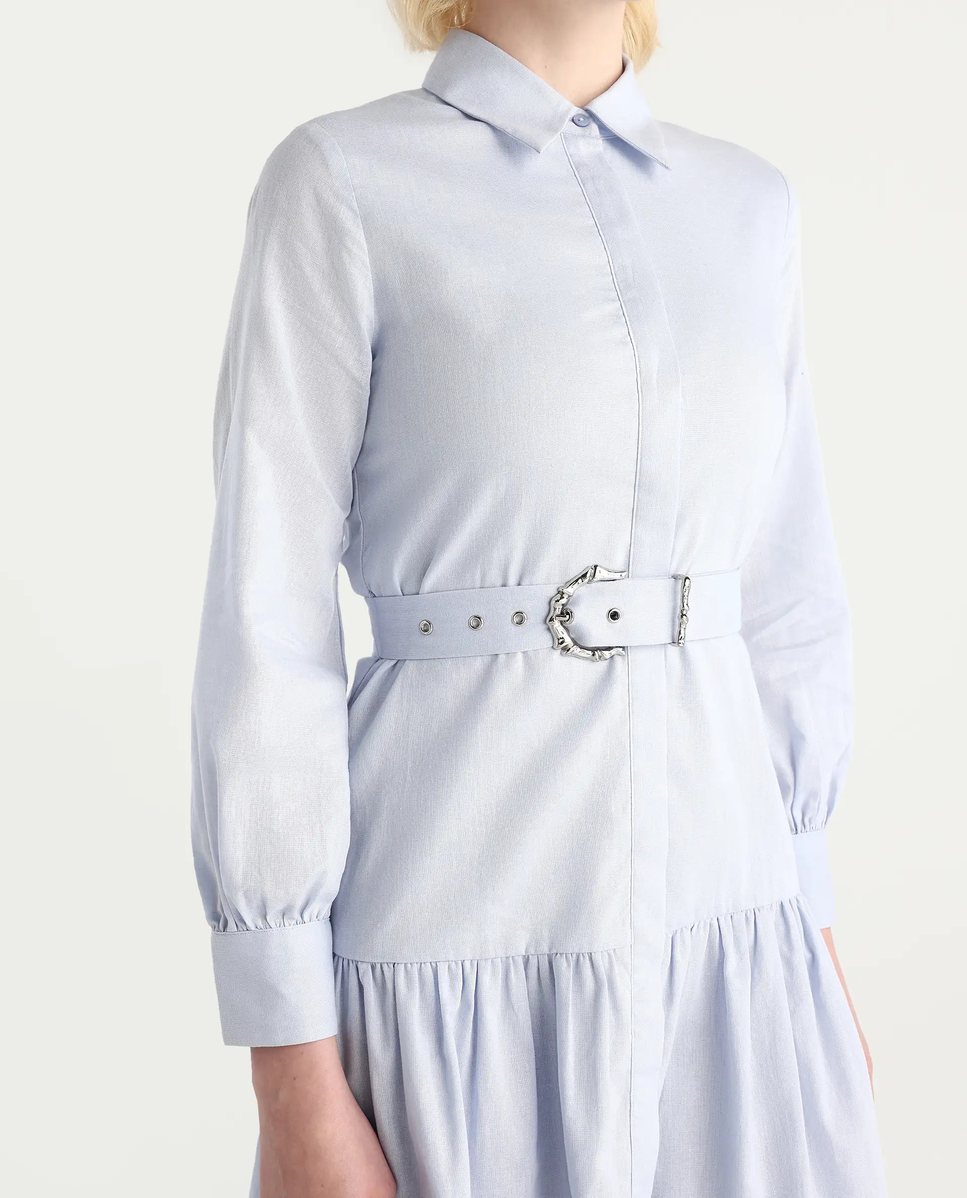 Rareism Women's Jenron Blue Cotton Blend Collared Neck Flared Plain Dress