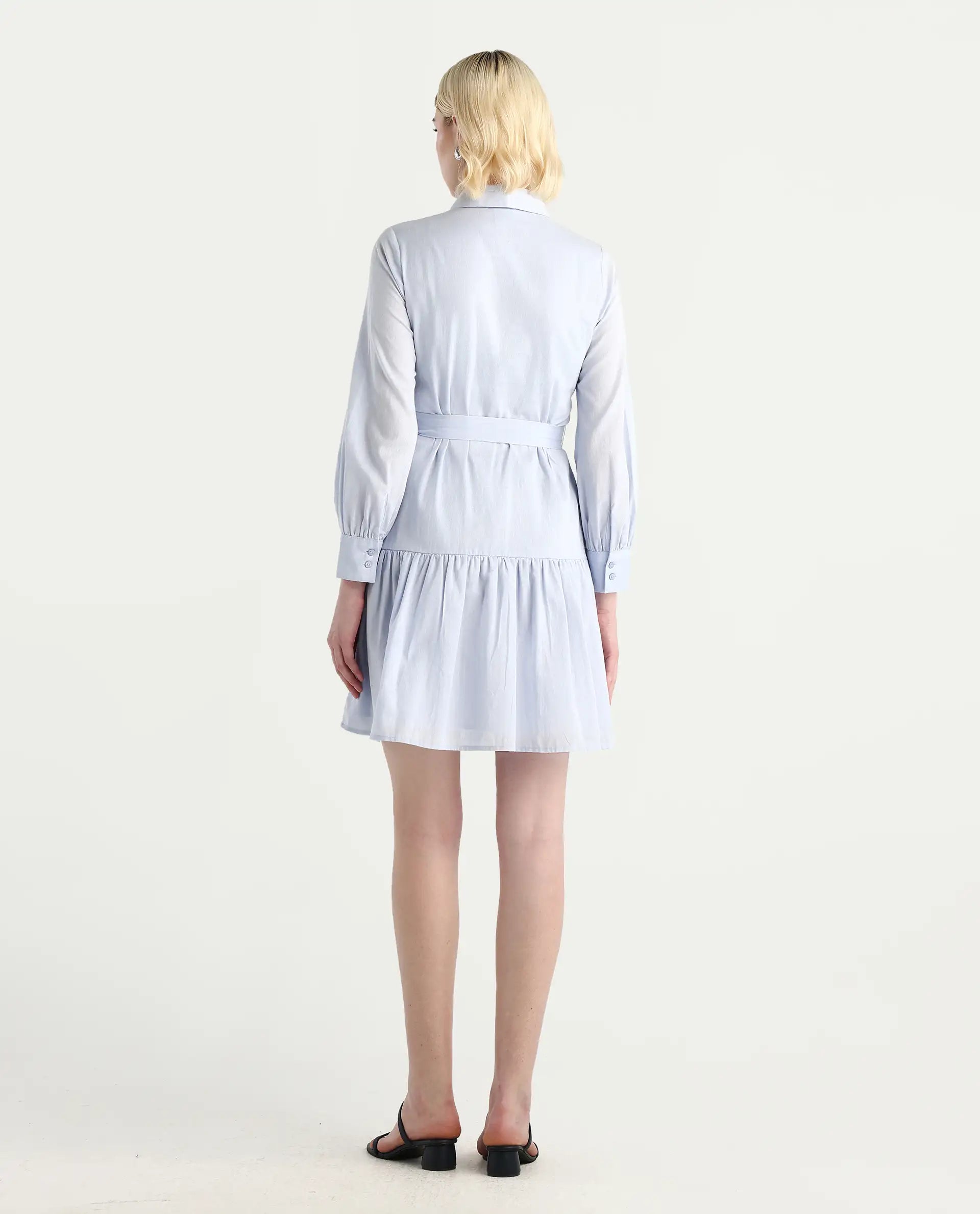 Rareism Women's Jenron Blue Cotton Blend Collared Neck Flared Plain Dress