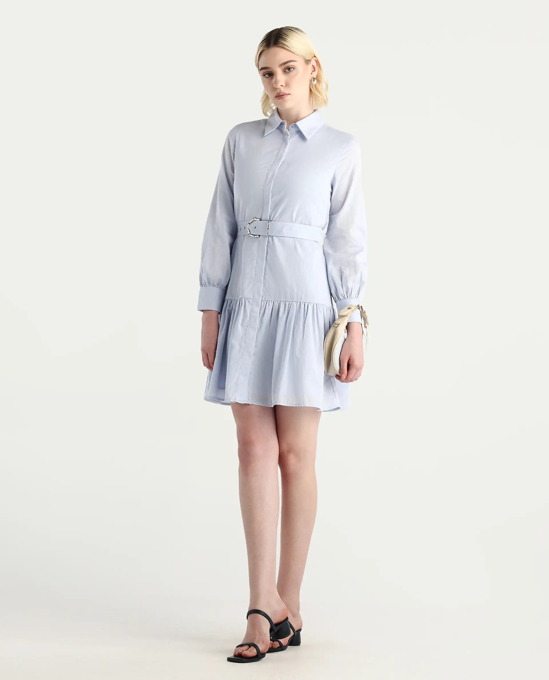 Rareism Women's Jenron Blue Cotton Blend Collared Neck Flared Plain Dress