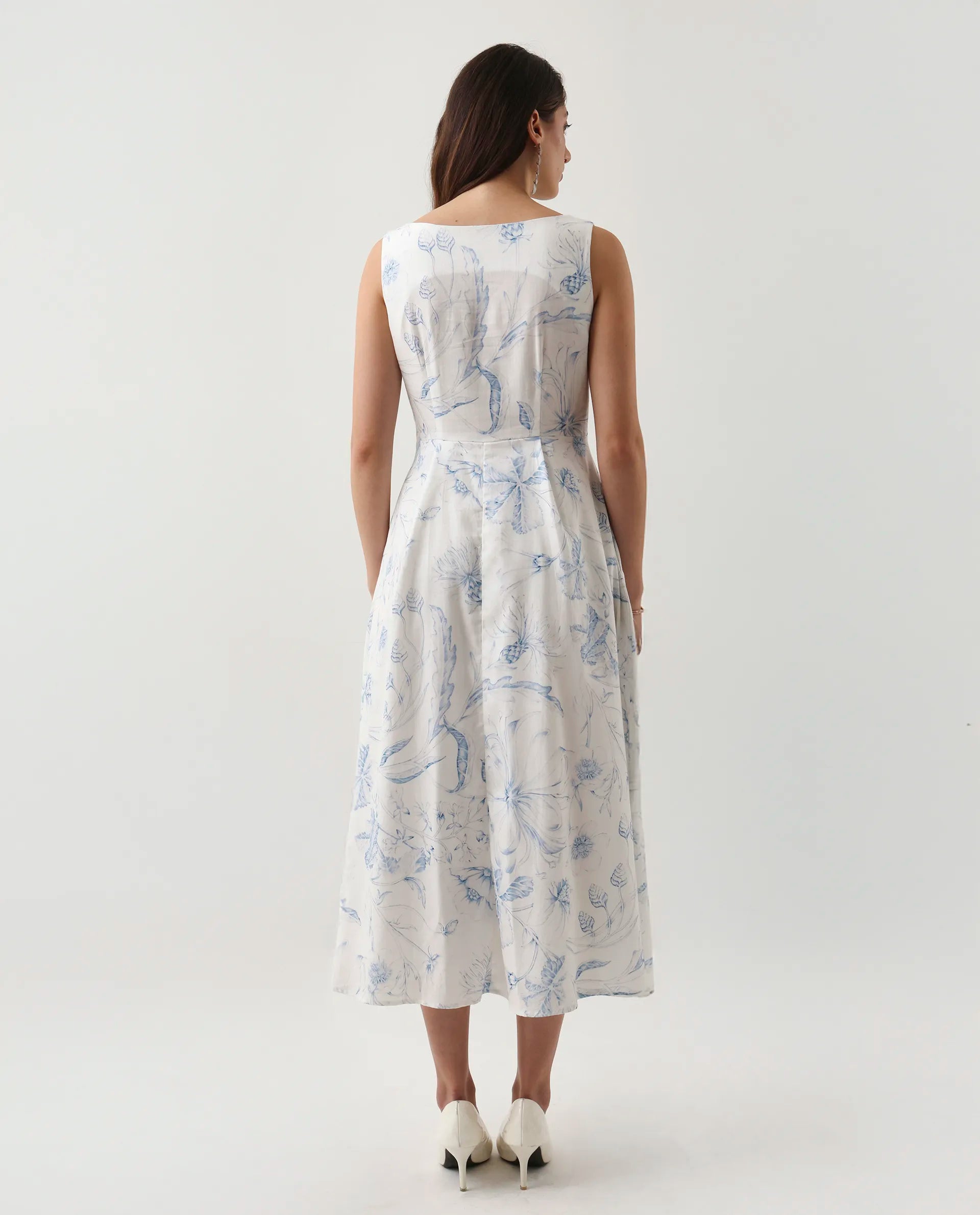 Rareism Women's Jensit Off White Cotton Boat Neck Fit And Flare Printed Midi Dress