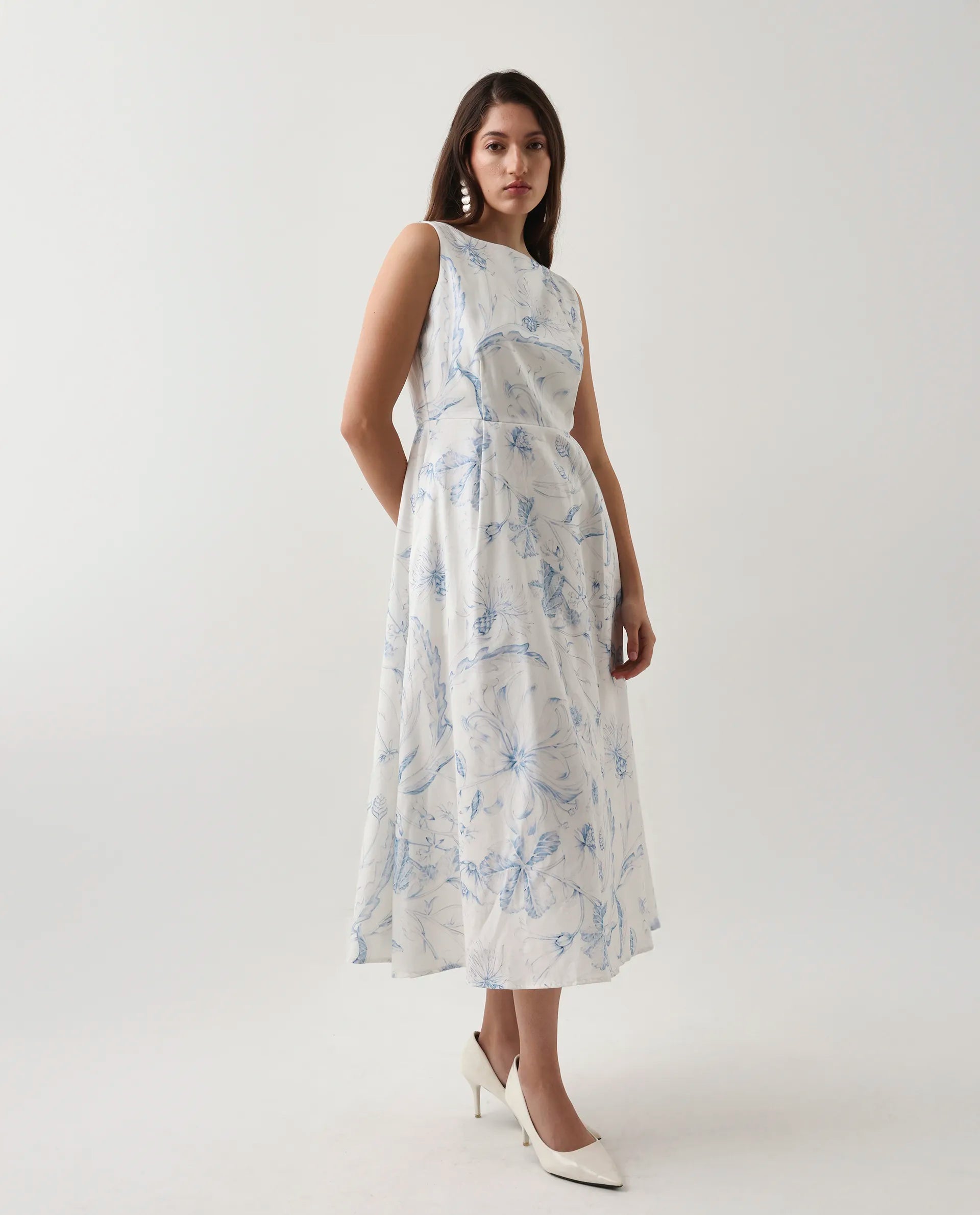 Rareism Women's Jensit Off White Cotton Boat Neck Fit And Flare Printed Midi Dress