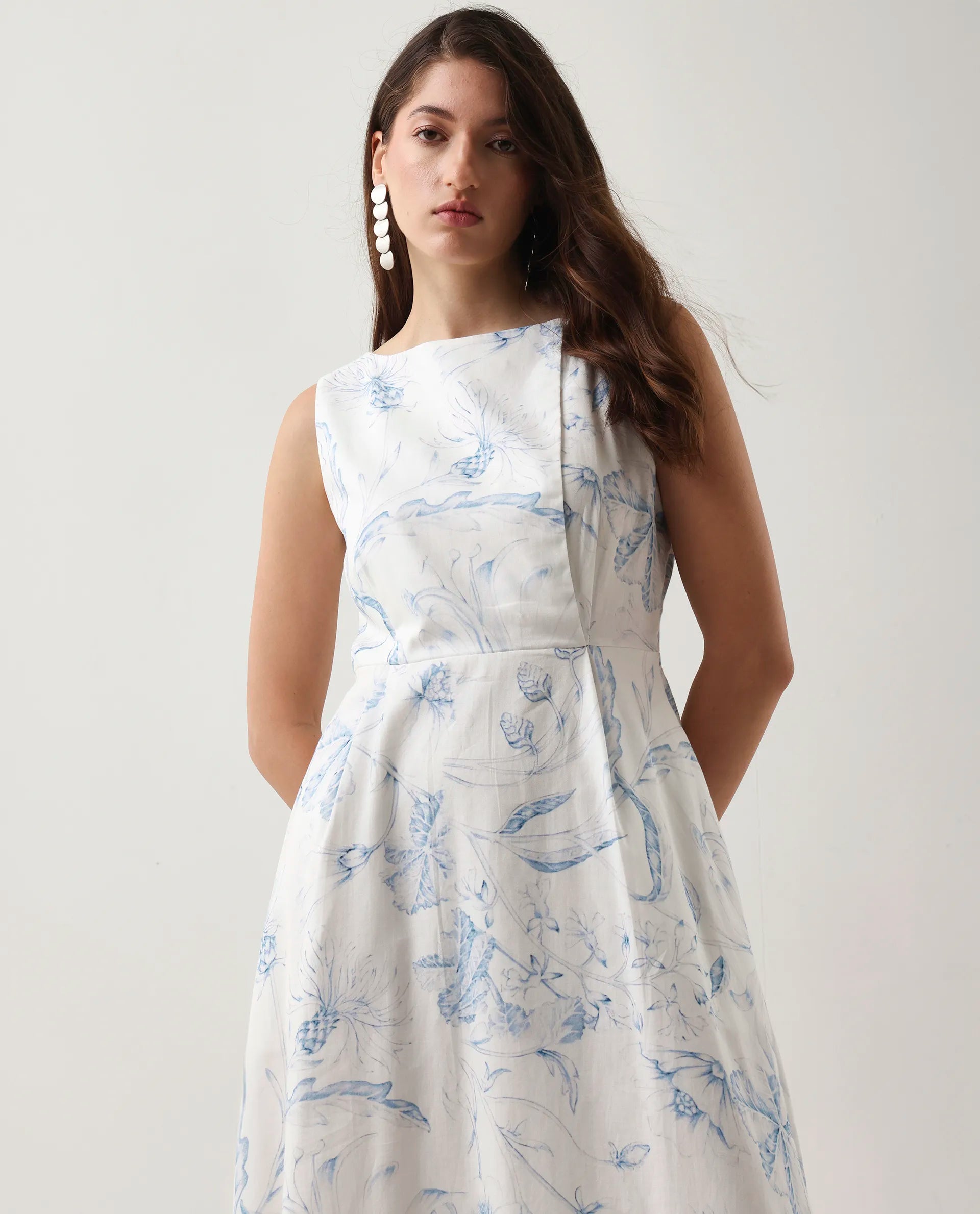 Rareism Women's Jensit Off White Cotton Boat Neck Fit And Flare Printed Midi Dress