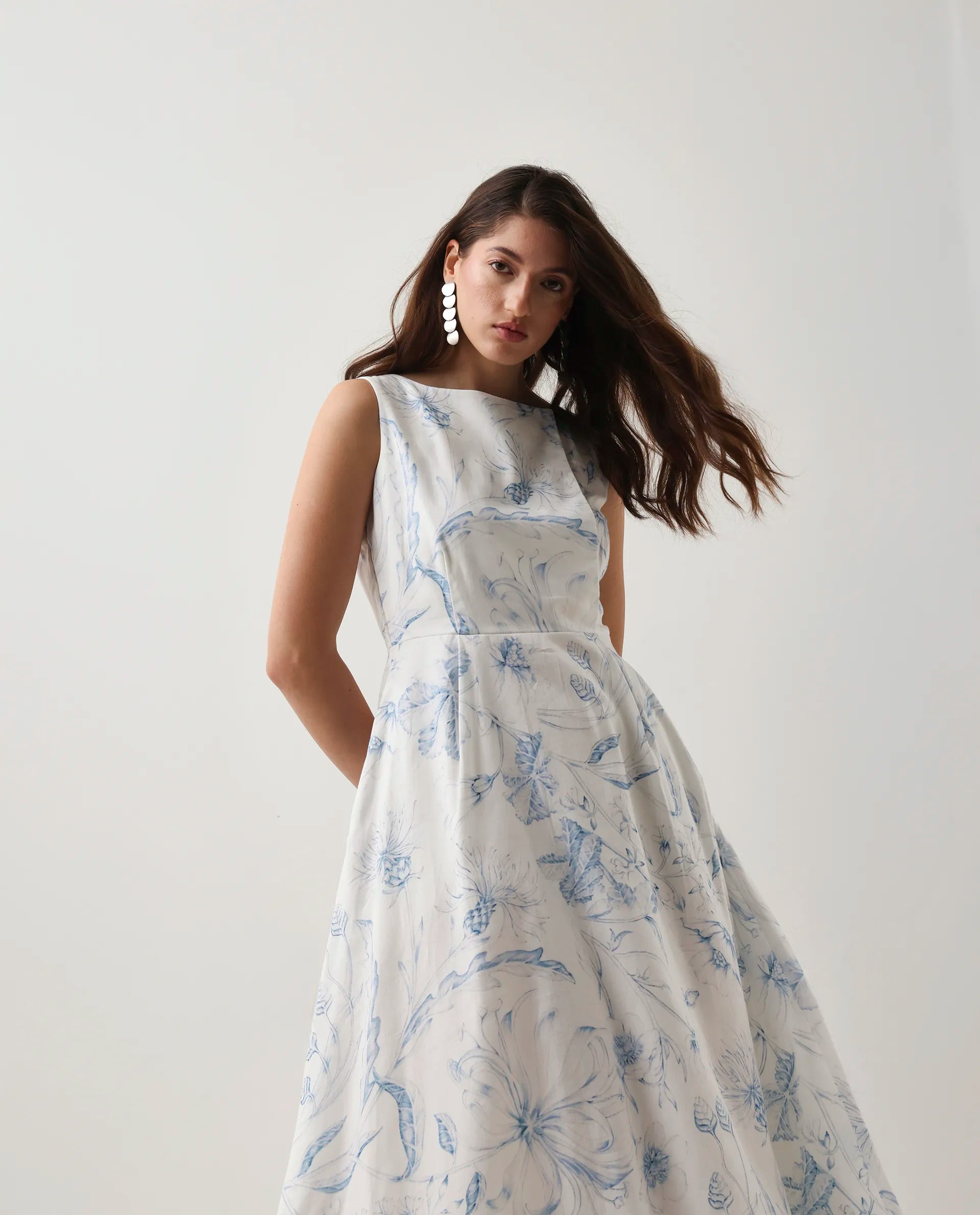 Rareism Women's Jensit Off White Cotton Boat Neck Fit And Flare Printed Midi Dress