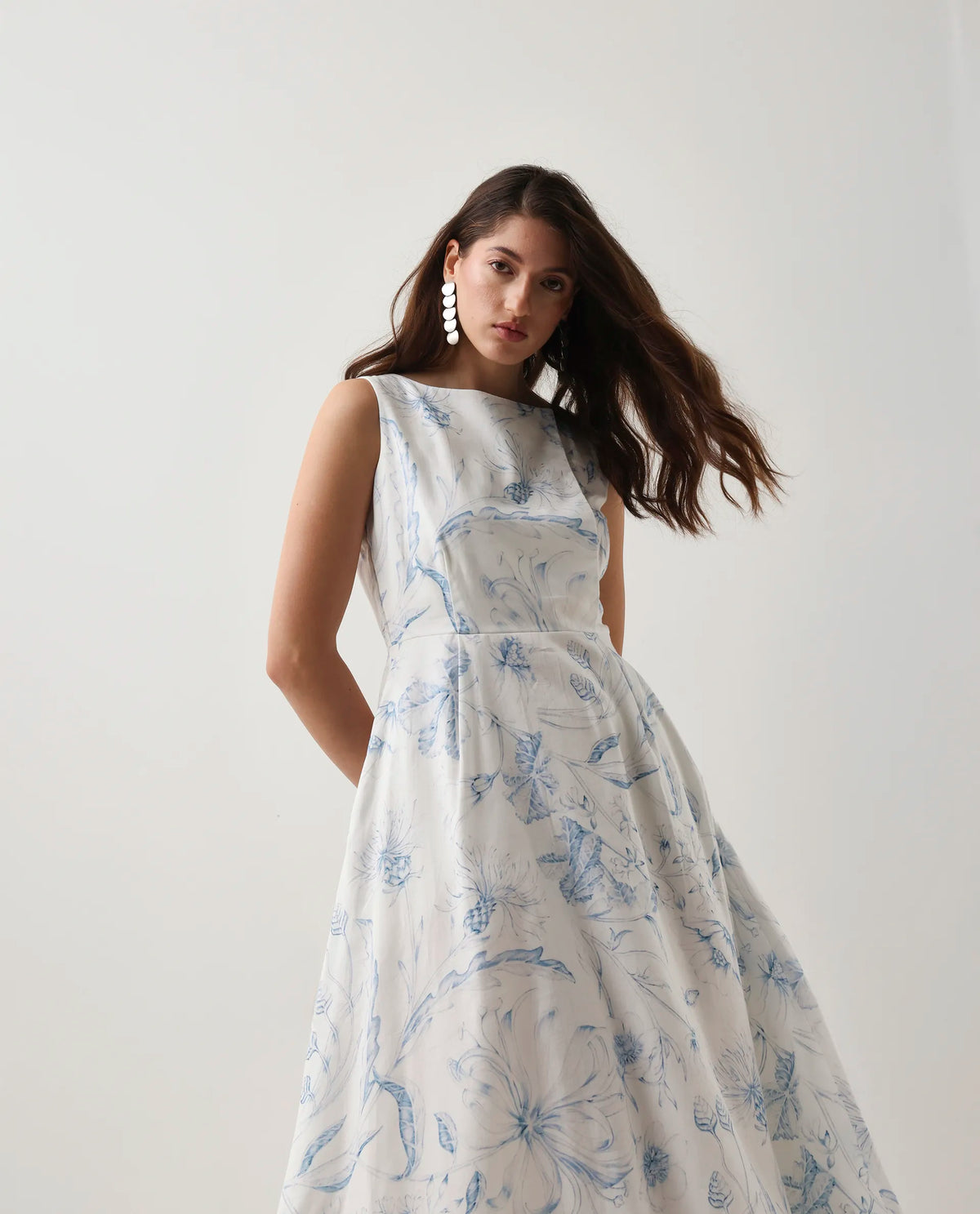 Rareism Women's Jensit Off White Cotton Boat Neck Fit And Flare Printed Midi Dress