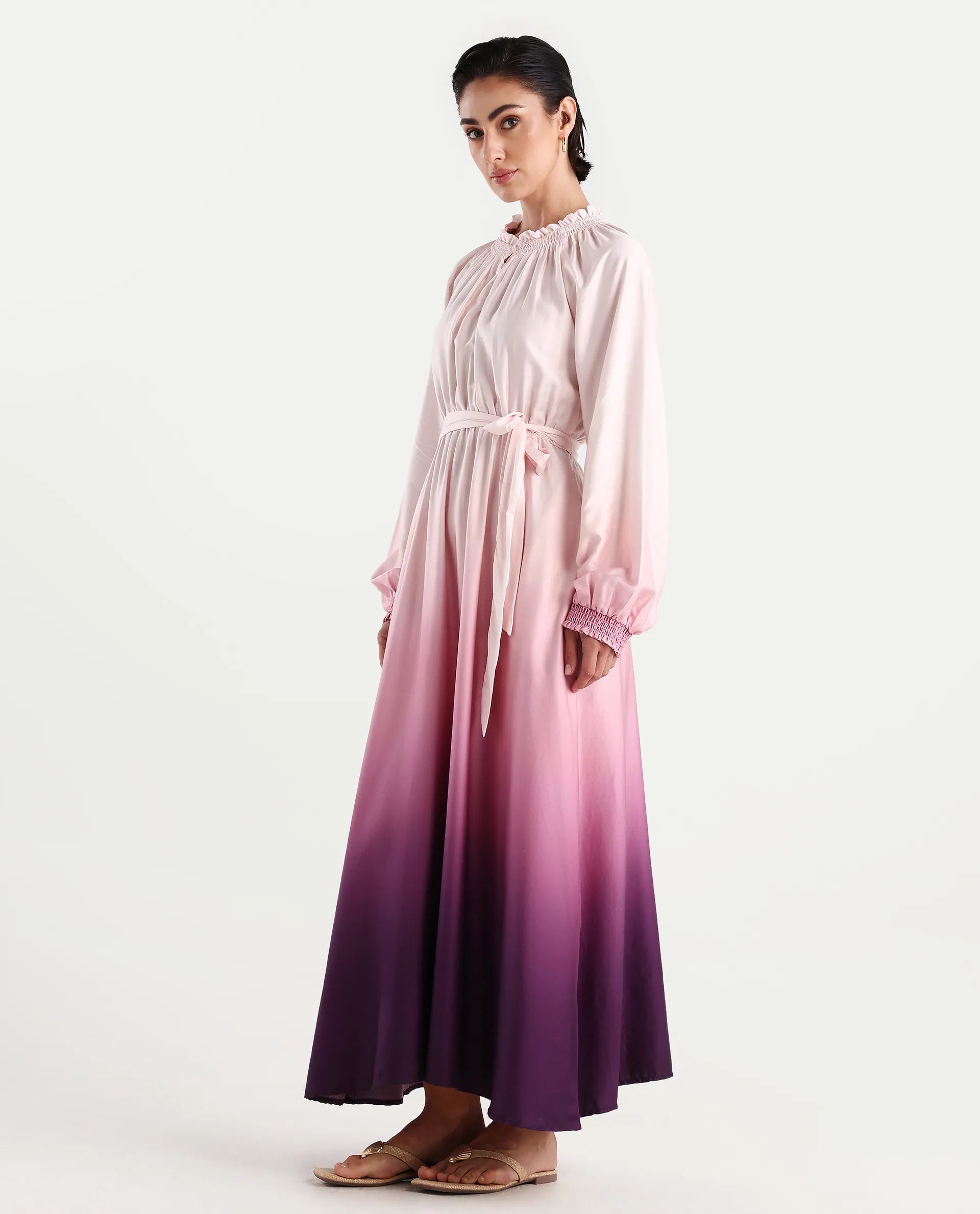 Rareism Women's Jentic Purple Cotton Blend Ruffled Neck Flared Printed Dress