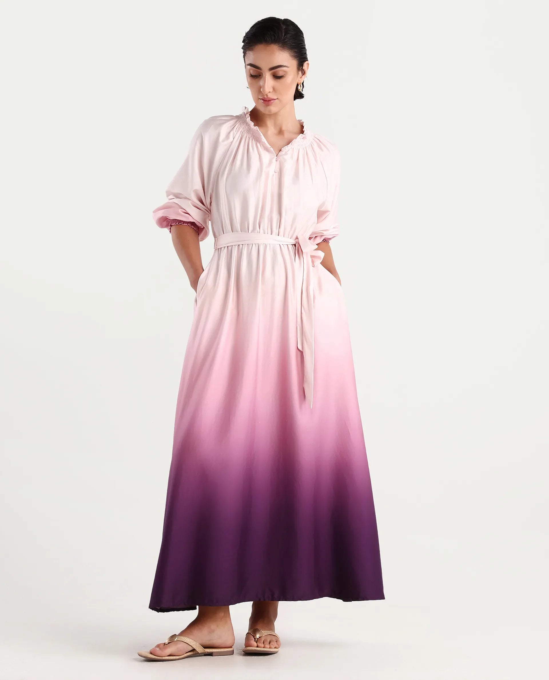 Rareism Women's Jentic Purple Cotton Blend Ruffled Neck Flared Printed Dress