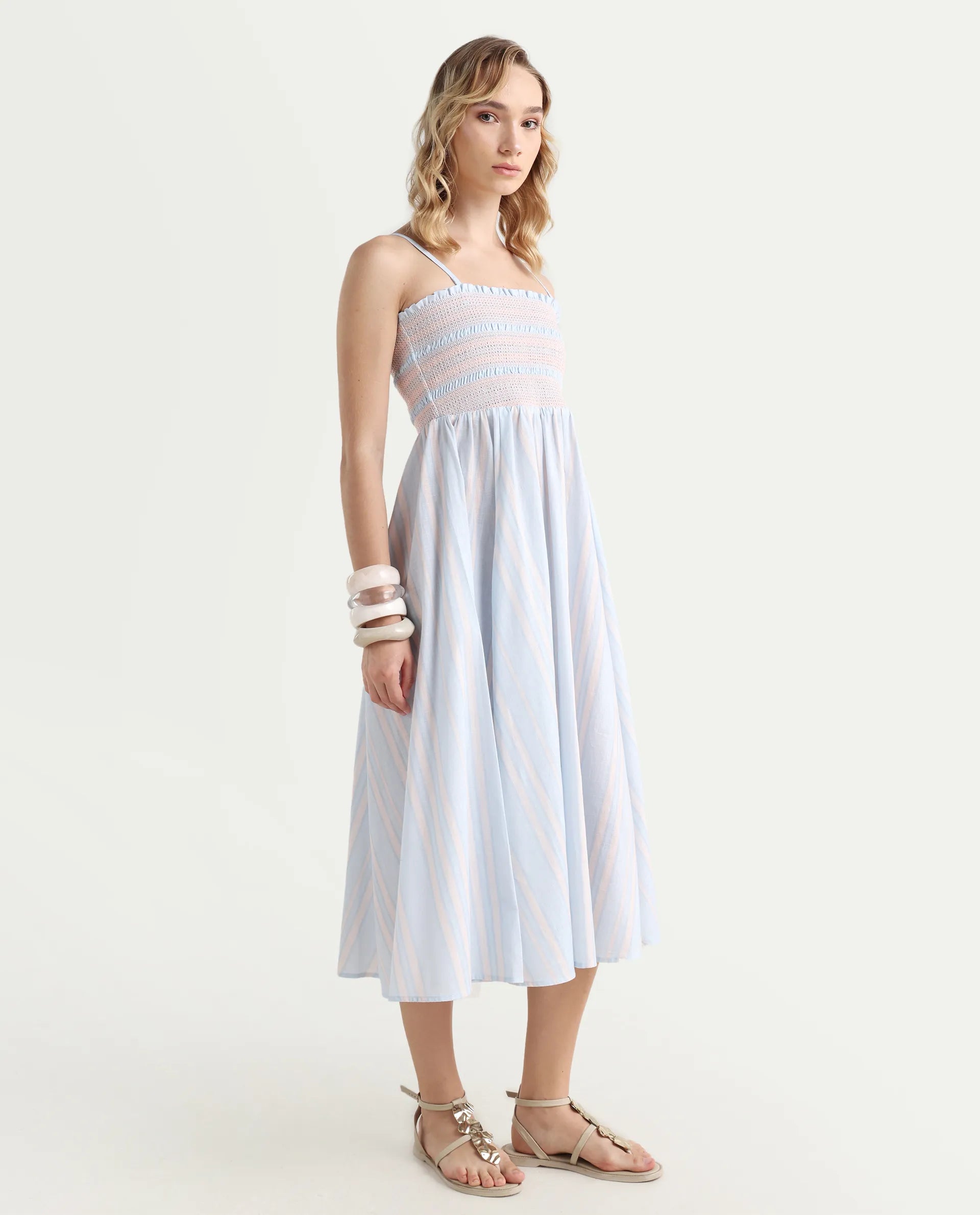 Rareism Women Jenvem Blue Tie-Up Neck Tie Up Closure Relaxed Fit Midi Printed Dress