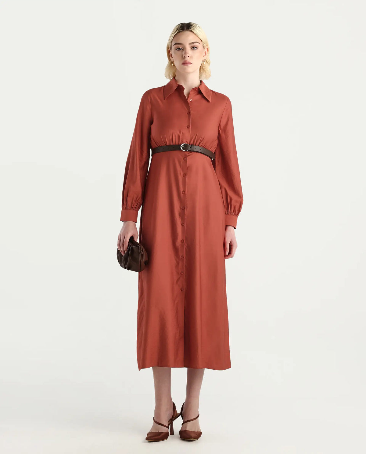 Rareism Women's Jenzif Rust Viscose Blend Cuffed Sleeve Collared Neck A-Line Fit Plain Dress
