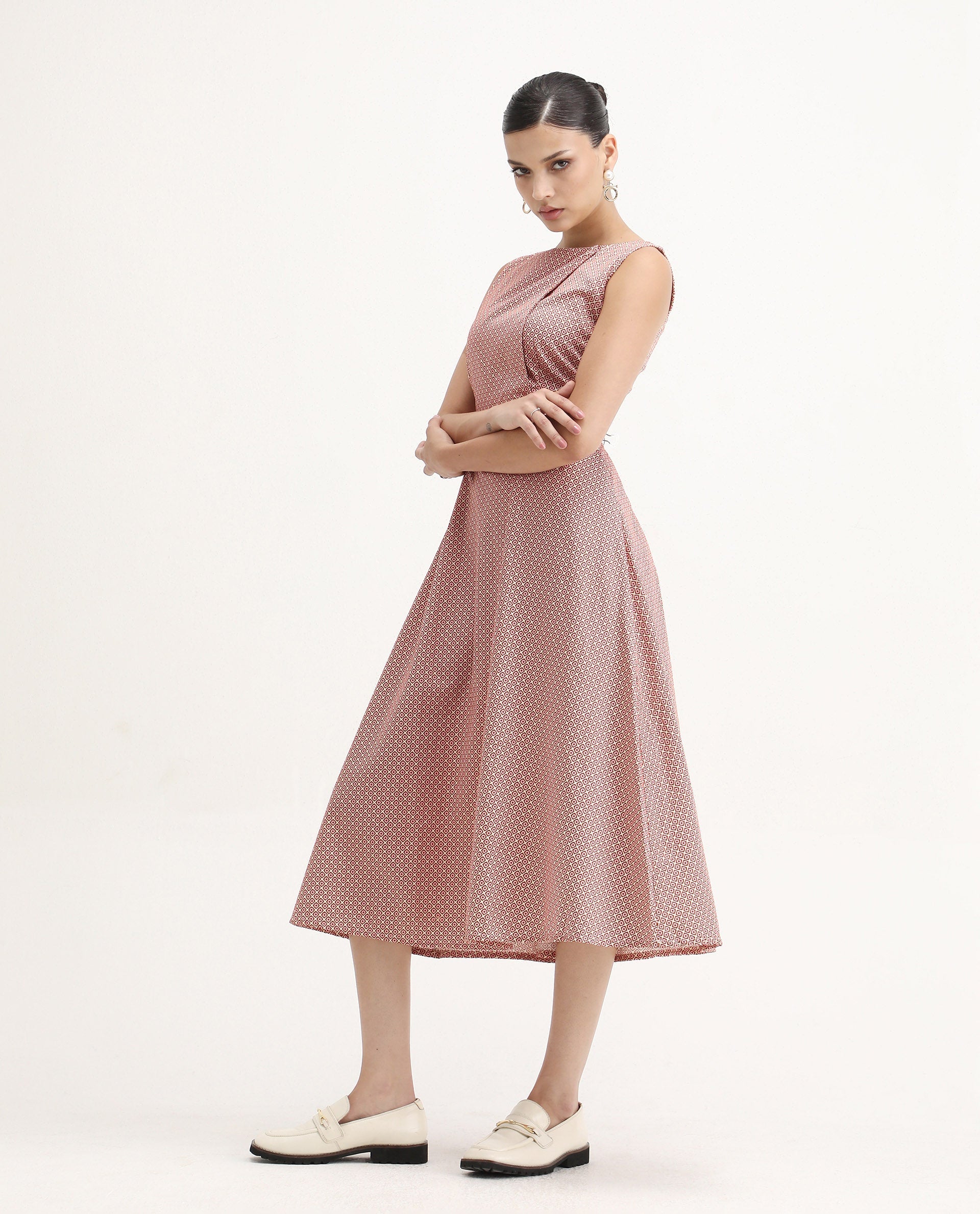Rareism Women's Jexor Pink Cotton Boat Neck A-Line Printed Midi Dress