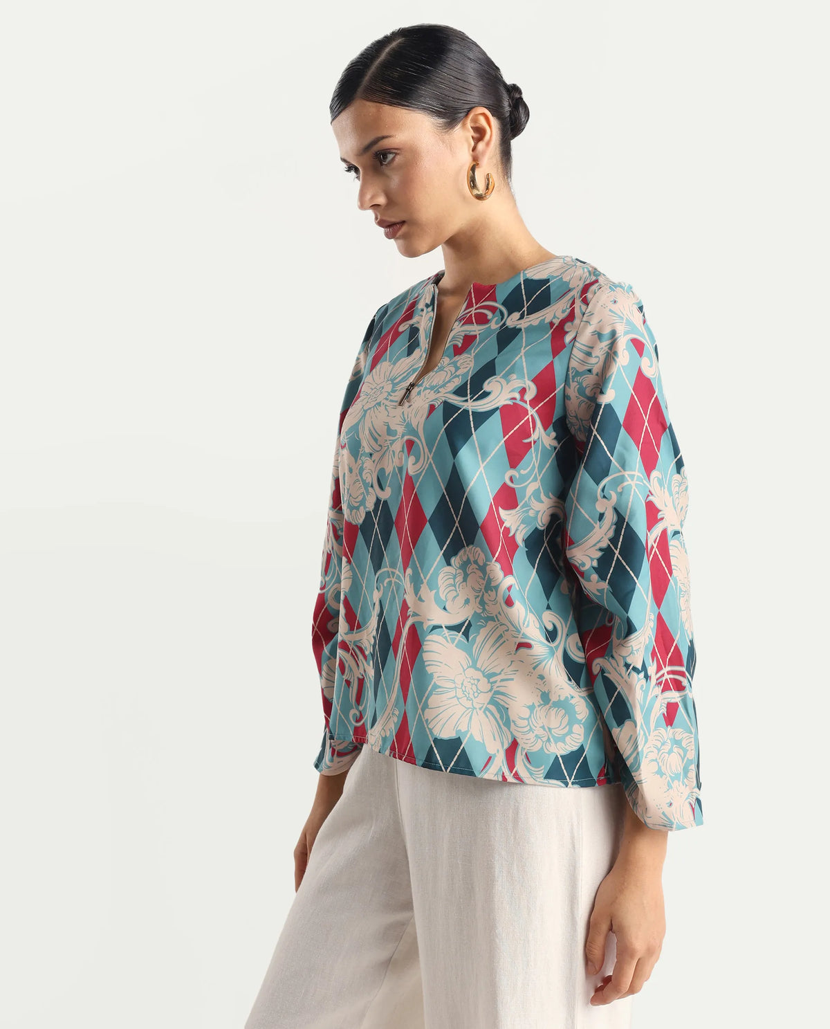 Rareism Women's Jiko Multi Satin Round Neck Geometric Print Volume Sleeve Regular Fit Top
