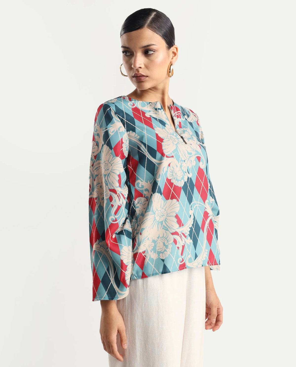 Rareism Women's Jiko Multi Satin Round Neck Geometric Print Volume Sleeve Regular Fit Top