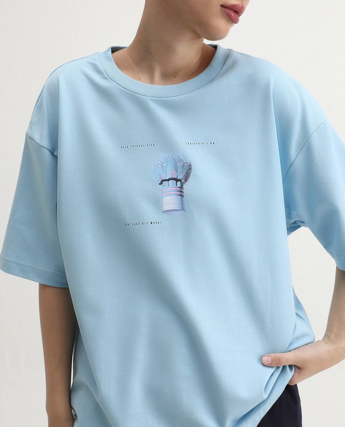Rareism Women's Jinx Blue Cotton Graphic Print Oversized T-Shirt