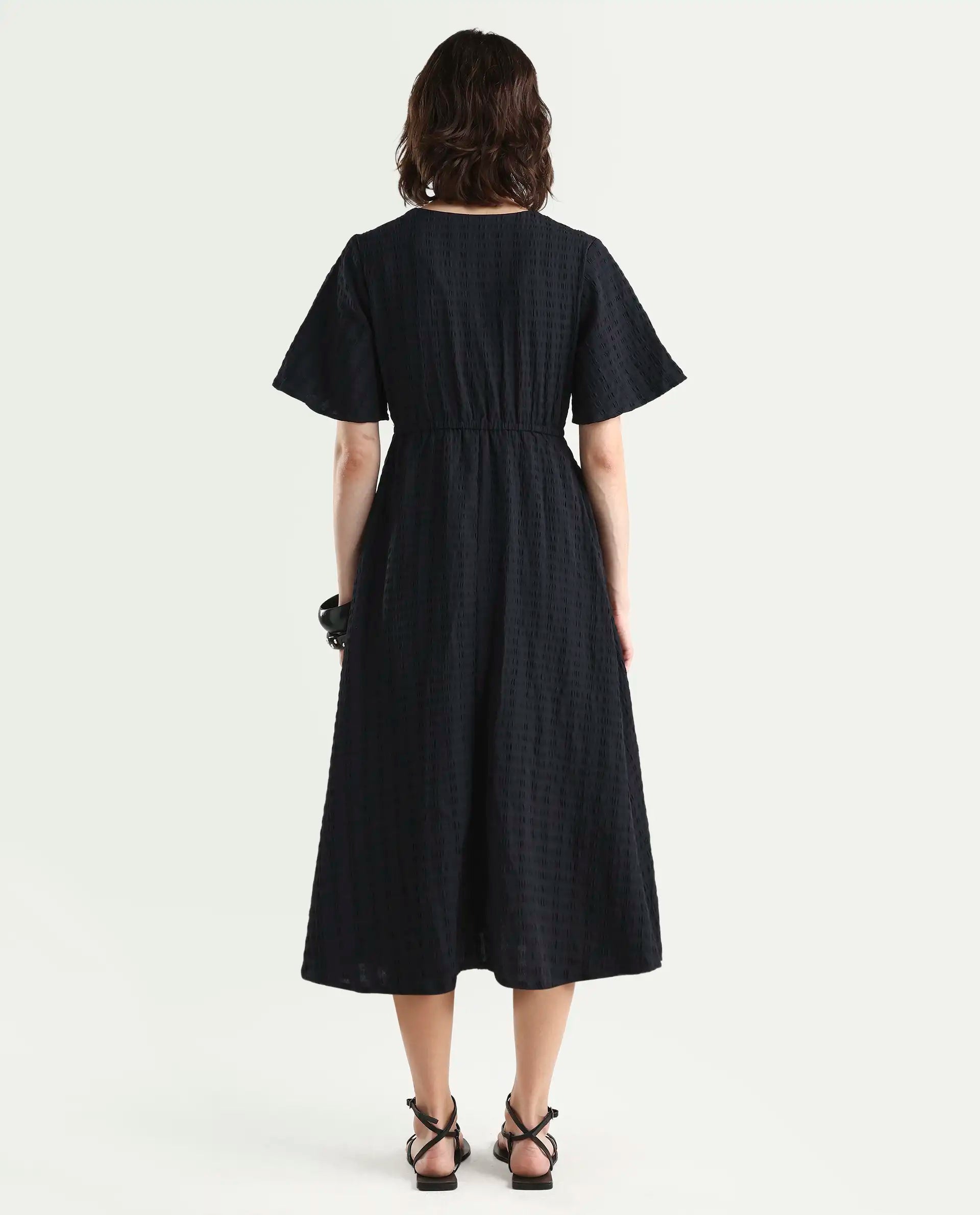 Rareism Women's Jiop Black Cotton Blend Plain Fit And Flare Dress