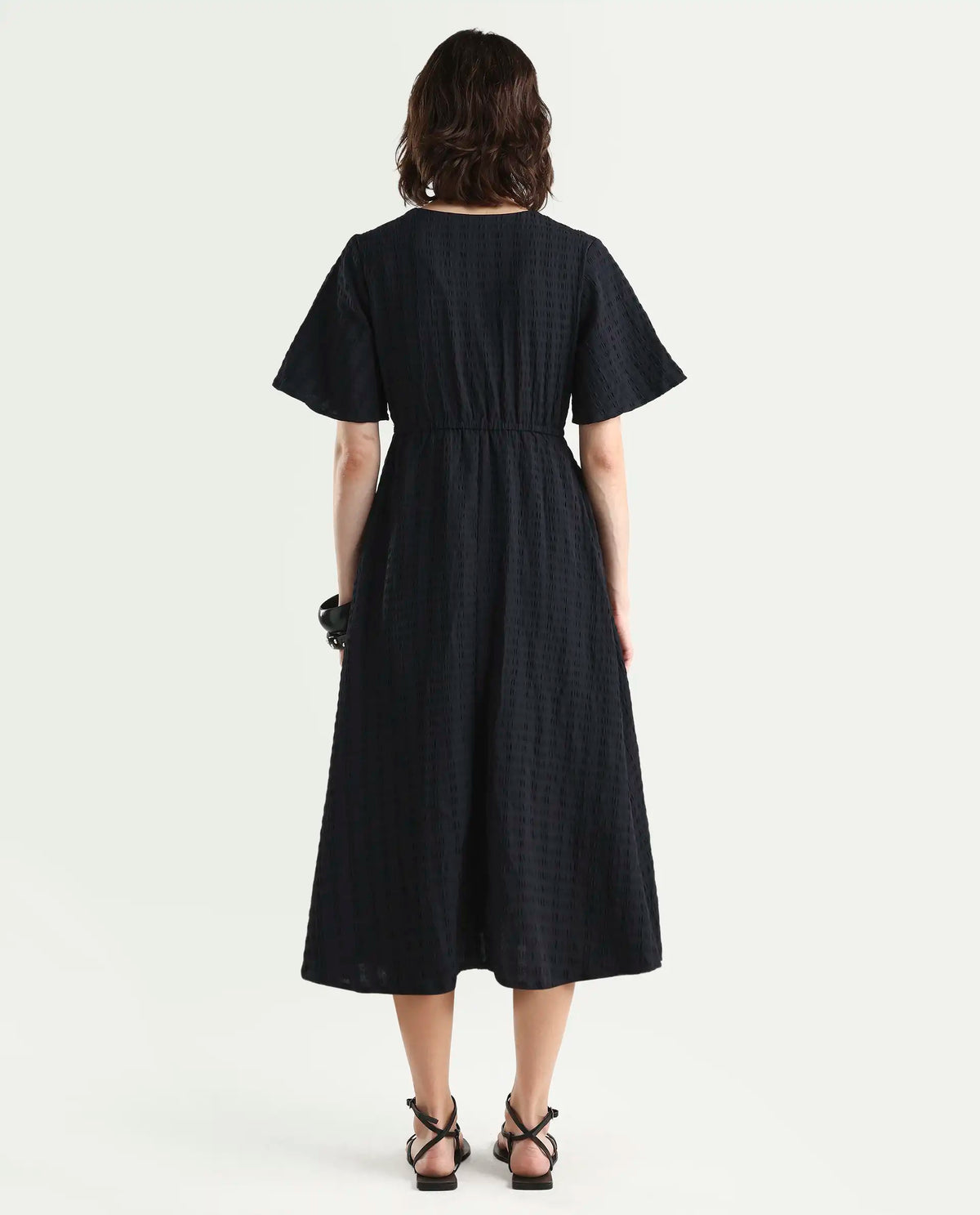 Rareism Women's Jiop Black Cotton Blend Plain Fit And Flare Dress