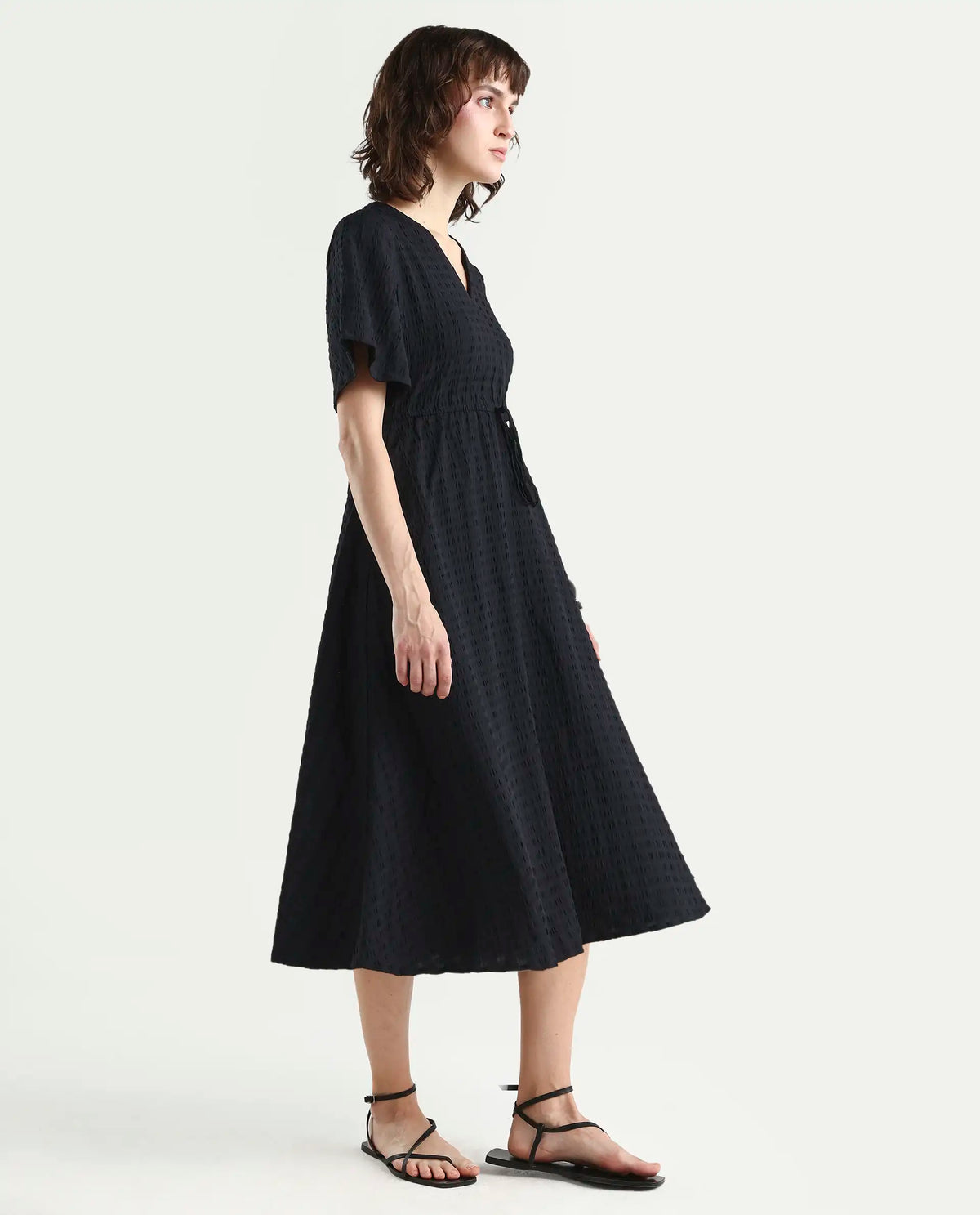 Rareism Women's Jiop Black Cotton Blend Plain Fit And Flare Dress