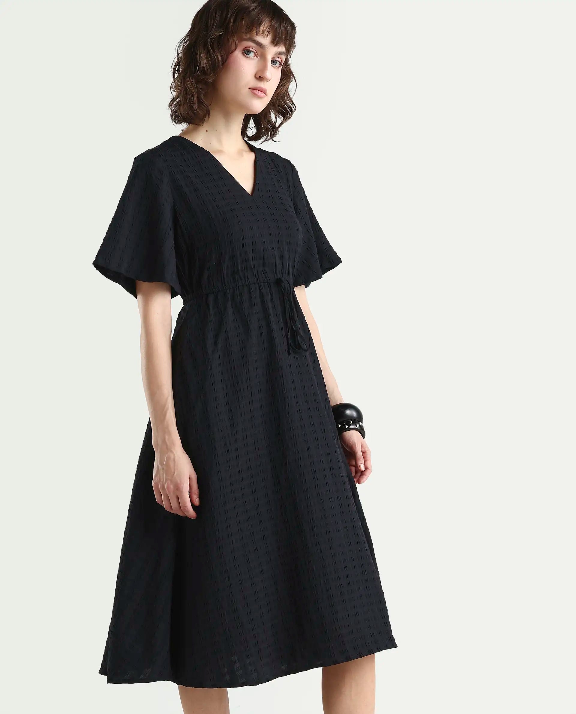 Rareism Women's Jiop Black Cotton Blend Plain Fit And Flare Dress