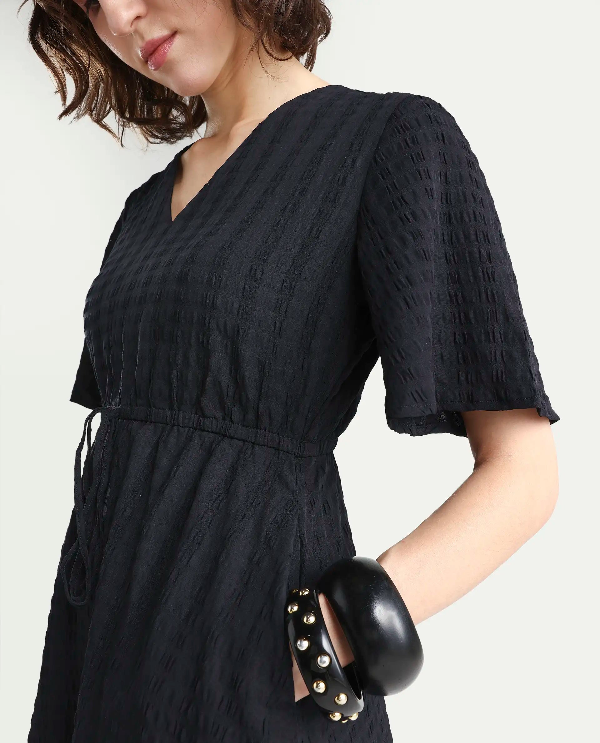 Rareism Women's Jiop Black Cotton Blend Plain Fit And Flare Dress
