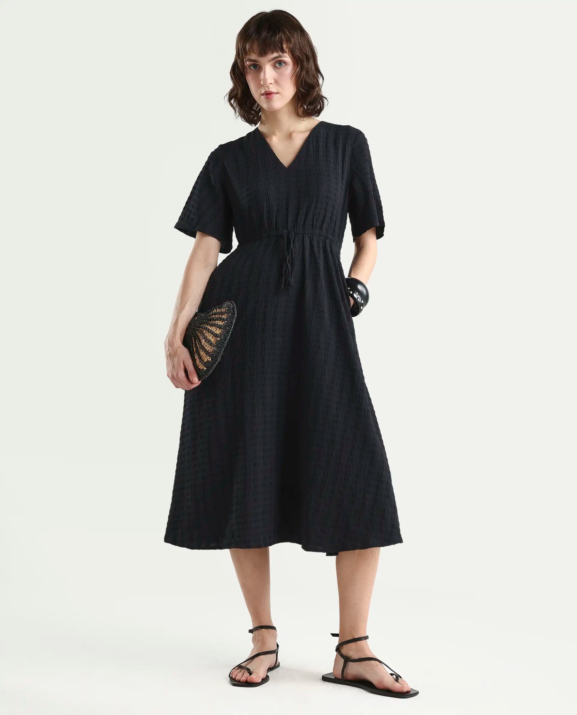 Rareism Women's Jiop Black Cotton Blend Plain Fit And Flare Dress