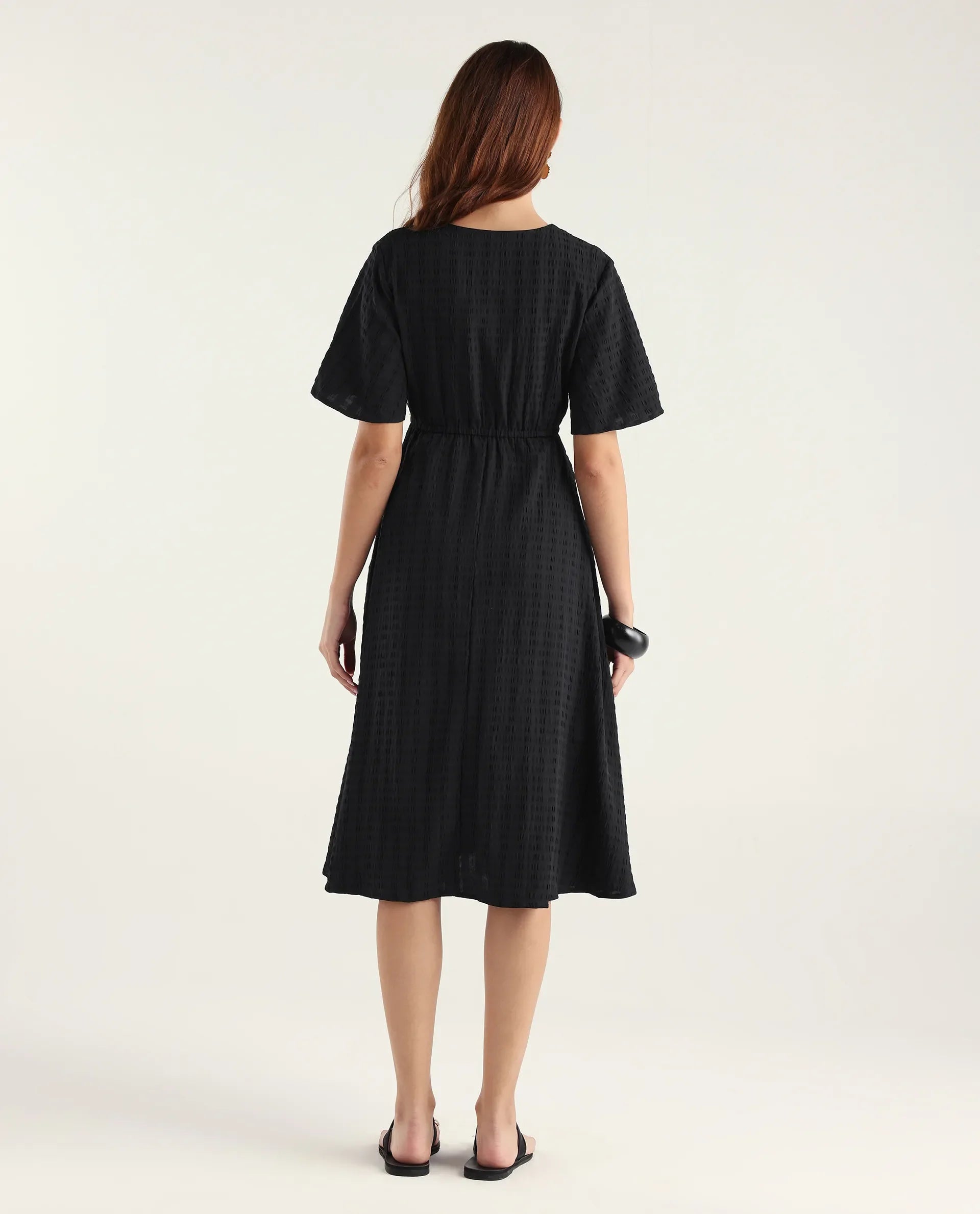 Rareism Women's Airin Black Polyester Half Sleeve V-Neck Flared Dress