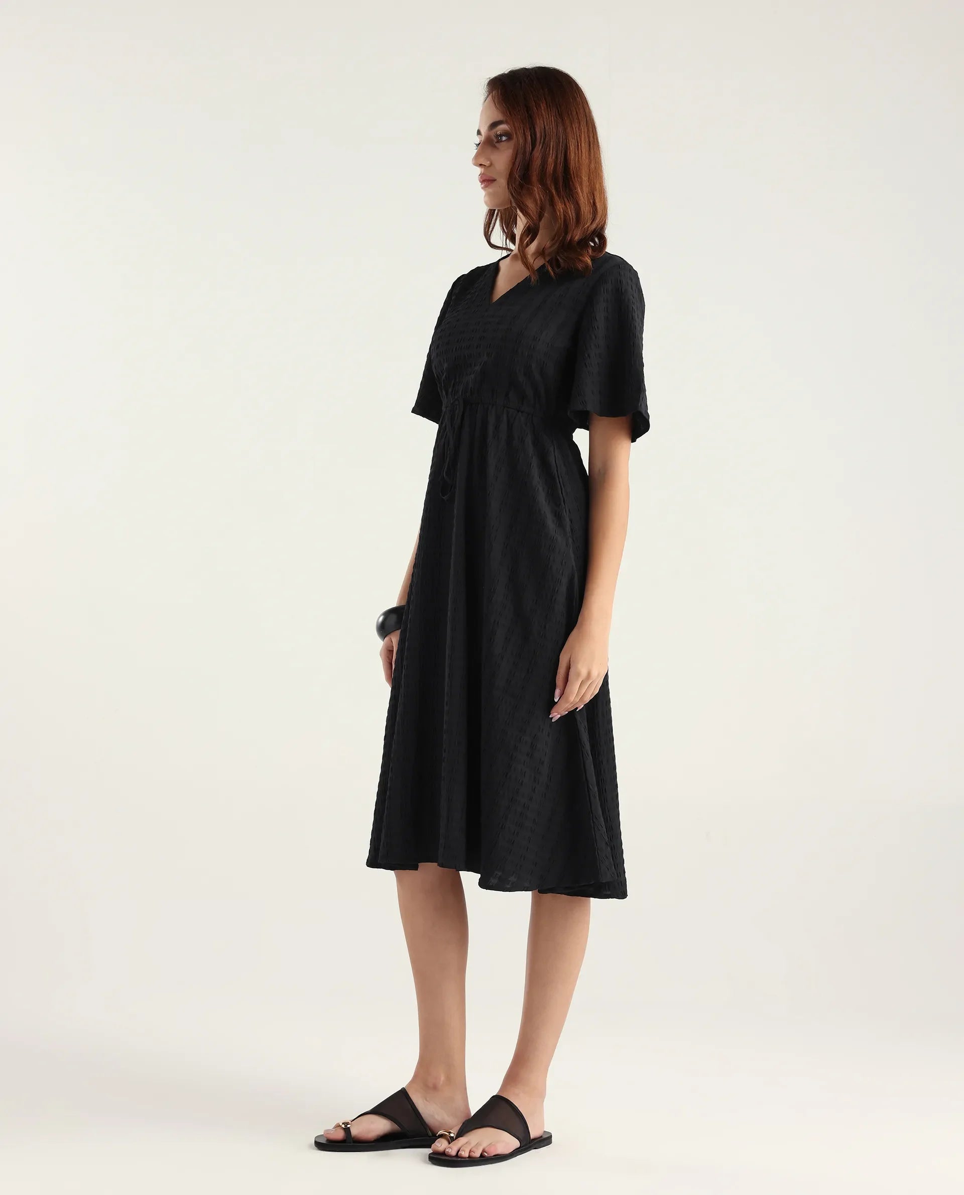 Rareism Women's Airin Black Polyester Half Sleeve V-Neck Flared Dress