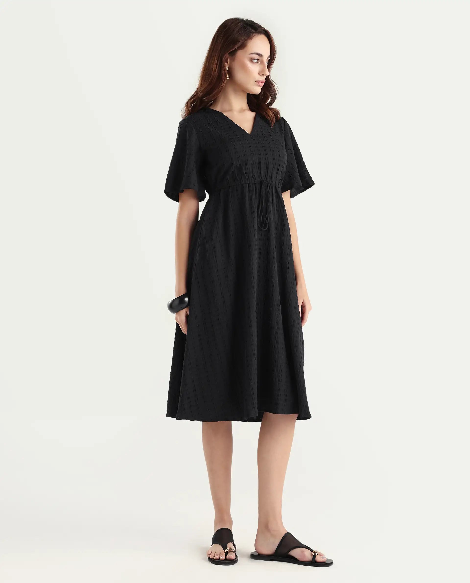 Rareism Women's Jiop Black Cotton Blend Plain Fit And Flare Dress