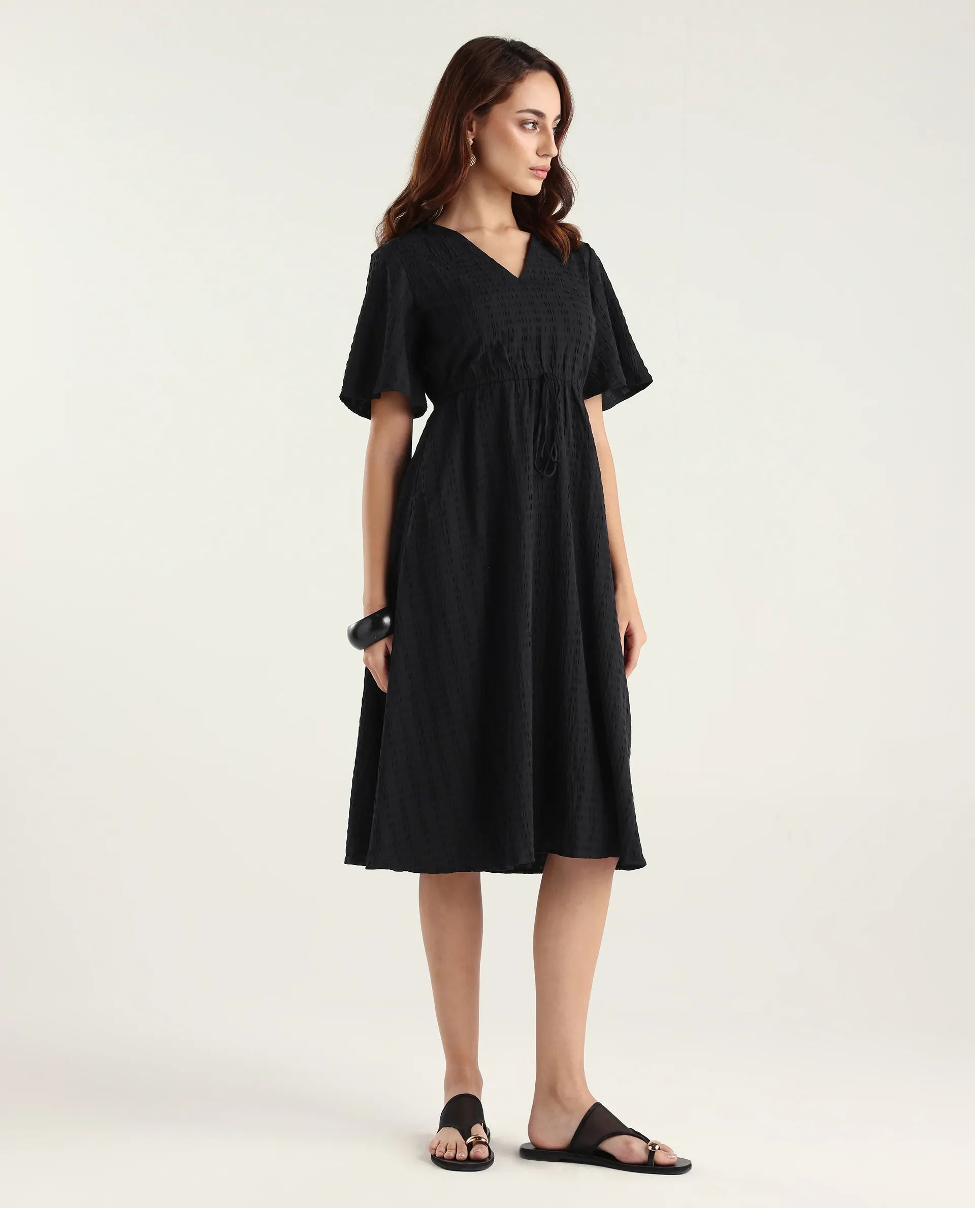 Rareism Women's Airin Black Polyester Half Sleeve V-Neck Flared Dress