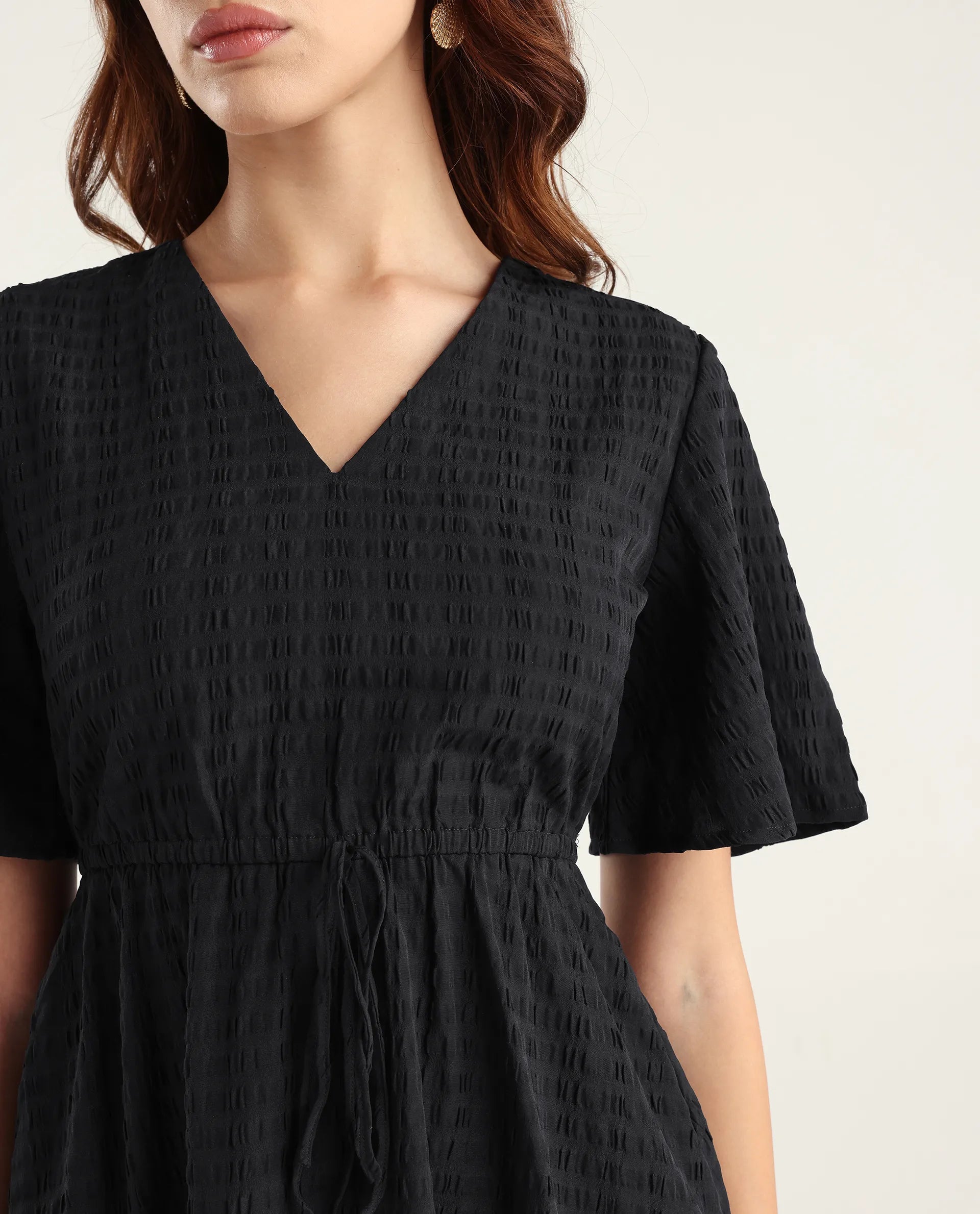 Rareism Women's Airin Black Polyester Half Sleeve V-Neck Flared Dress