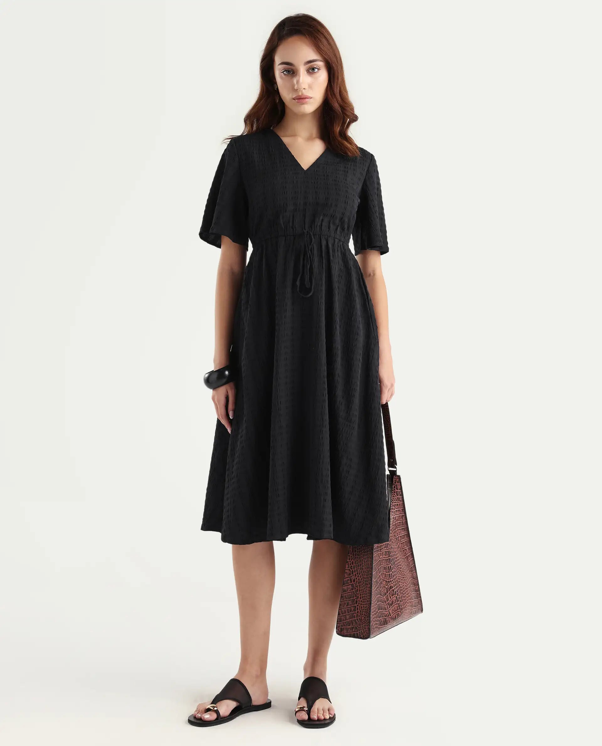 Rareism Women's Jiop Black Cotton Blend Plain Fit And Flare Dress