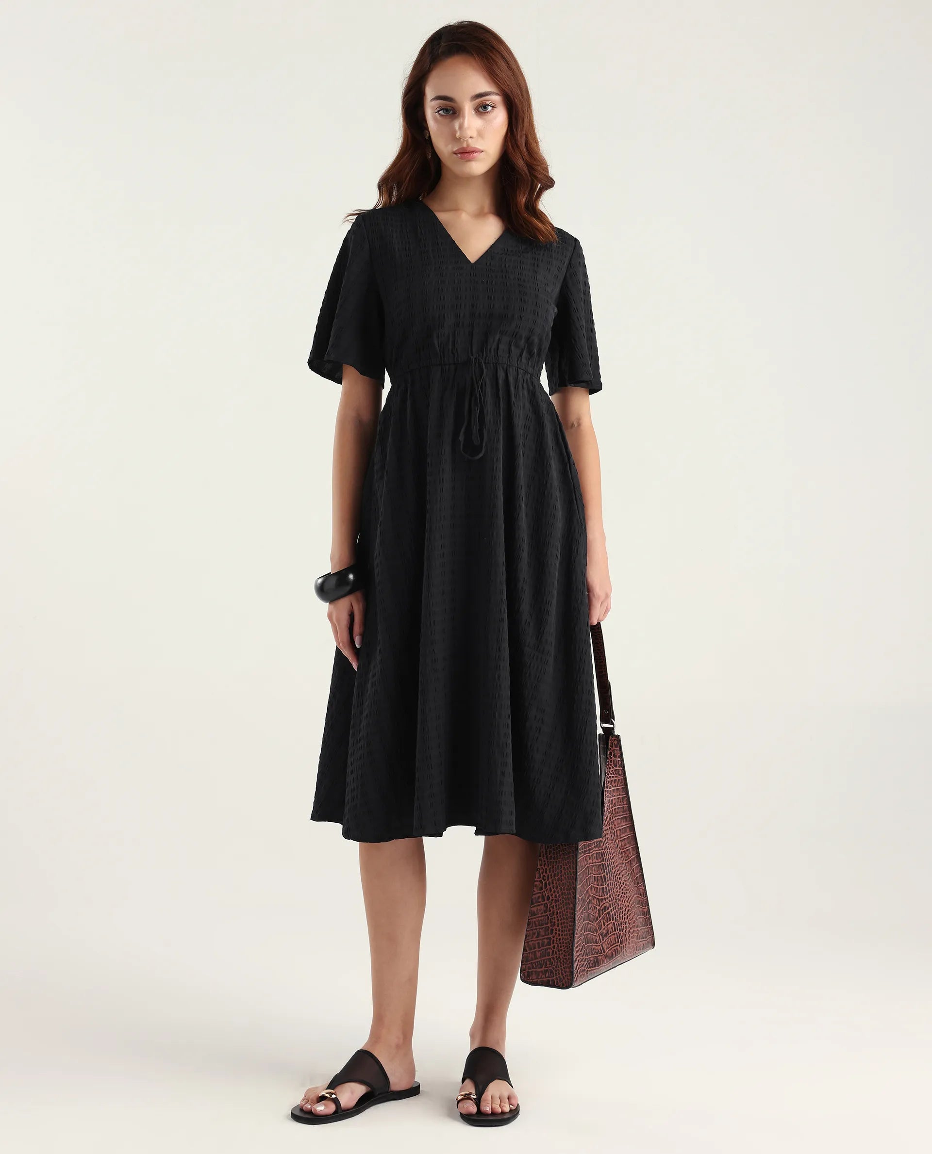 Rareism Women's Airin Black Polyester Half Sleeve V-Neck Flared Dress