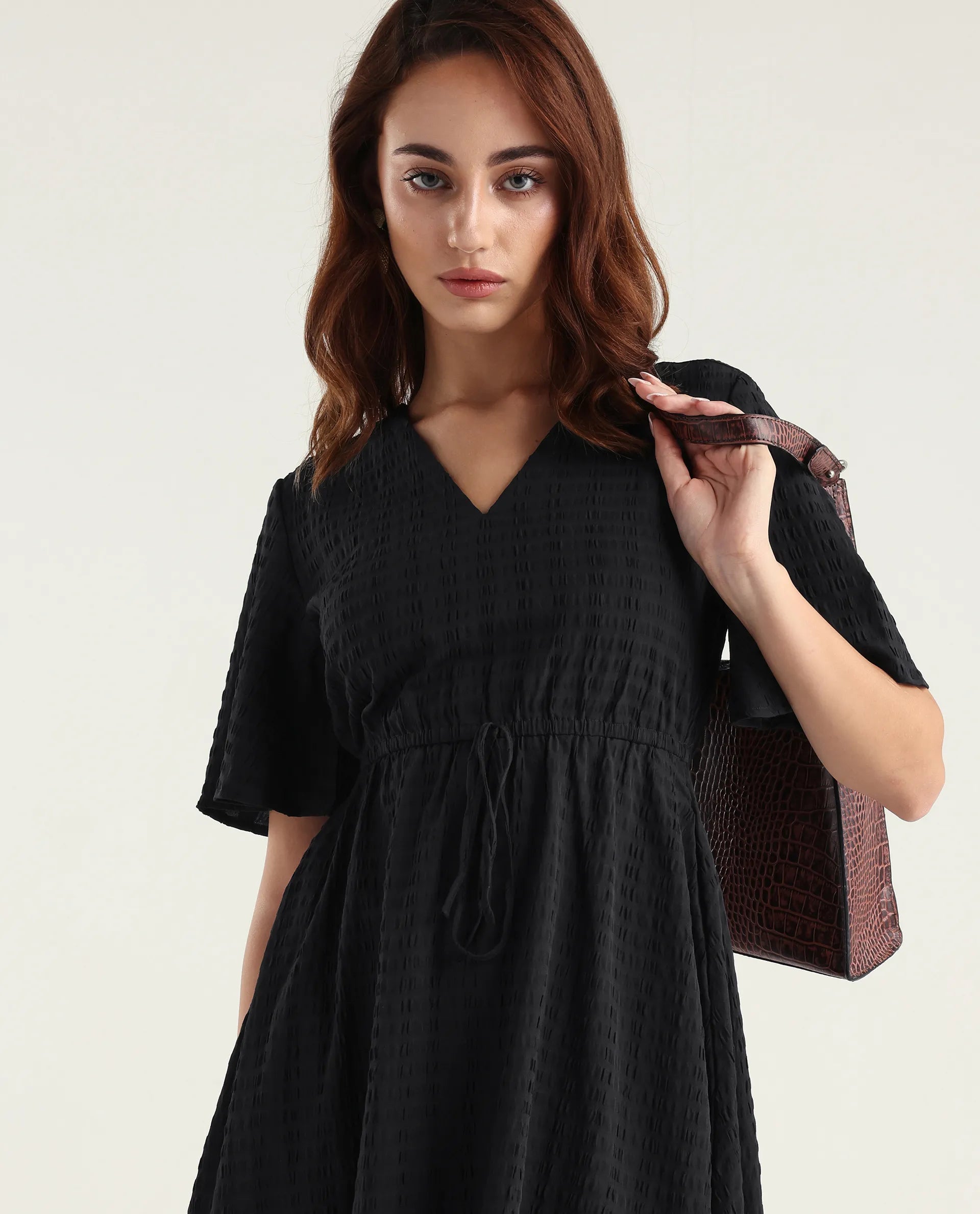 Rareism Women's Airin Black Polyester Half Sleeve V-Neck Flared Dress