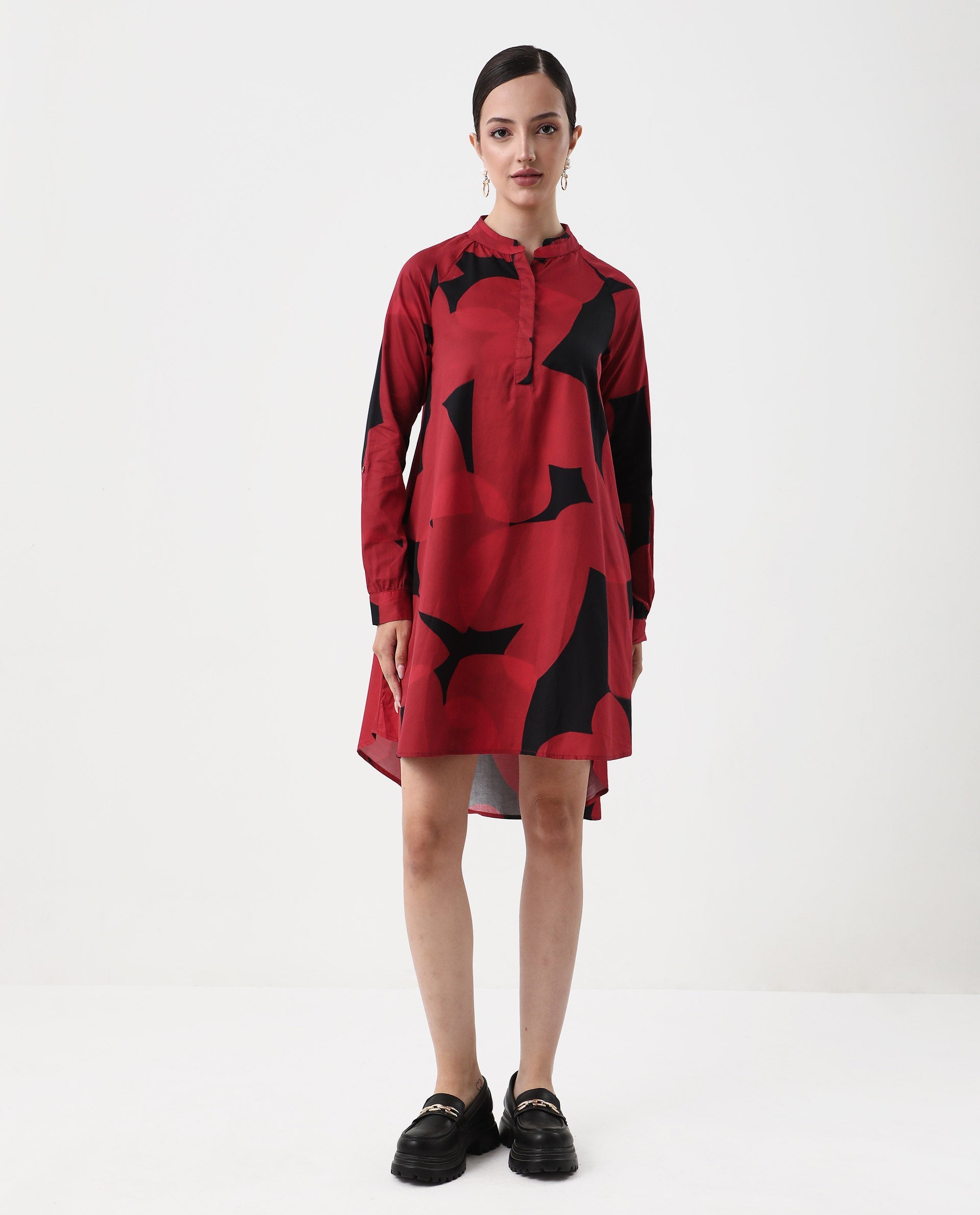 Rareism Women's Jioplo Black Cotton Blend Mandarin Collar Object Print Raglan Sleeve Mini Flared Top