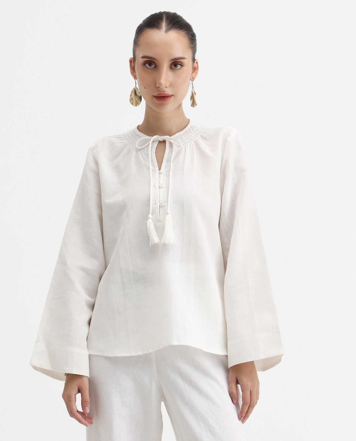 Rareism Women's Joan Light White Tie-Up Neck Plain Relaxed Fit Top
