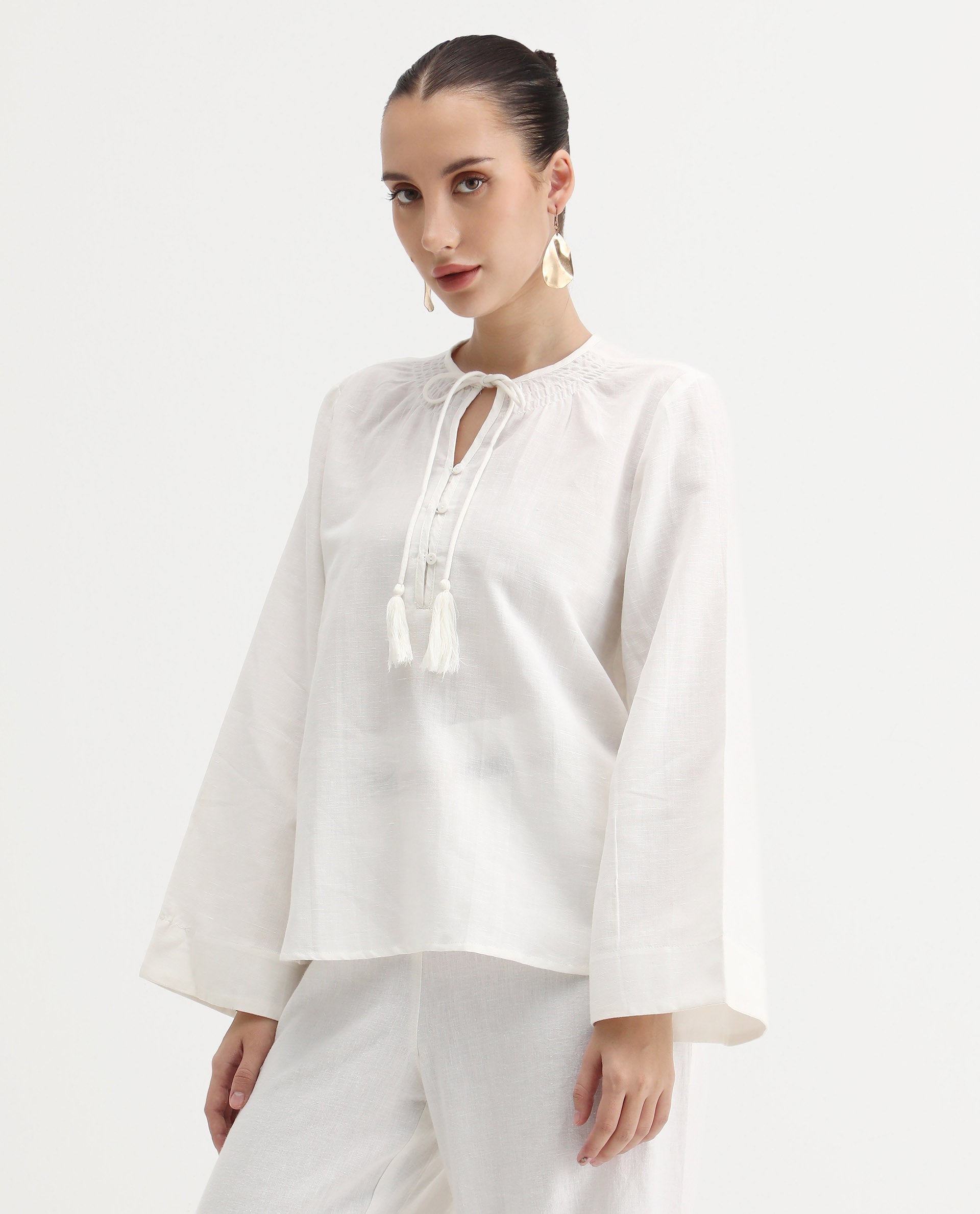 Rareism Women's Joan Light White Tie-Up Neck Plain Relaxed Fit Top