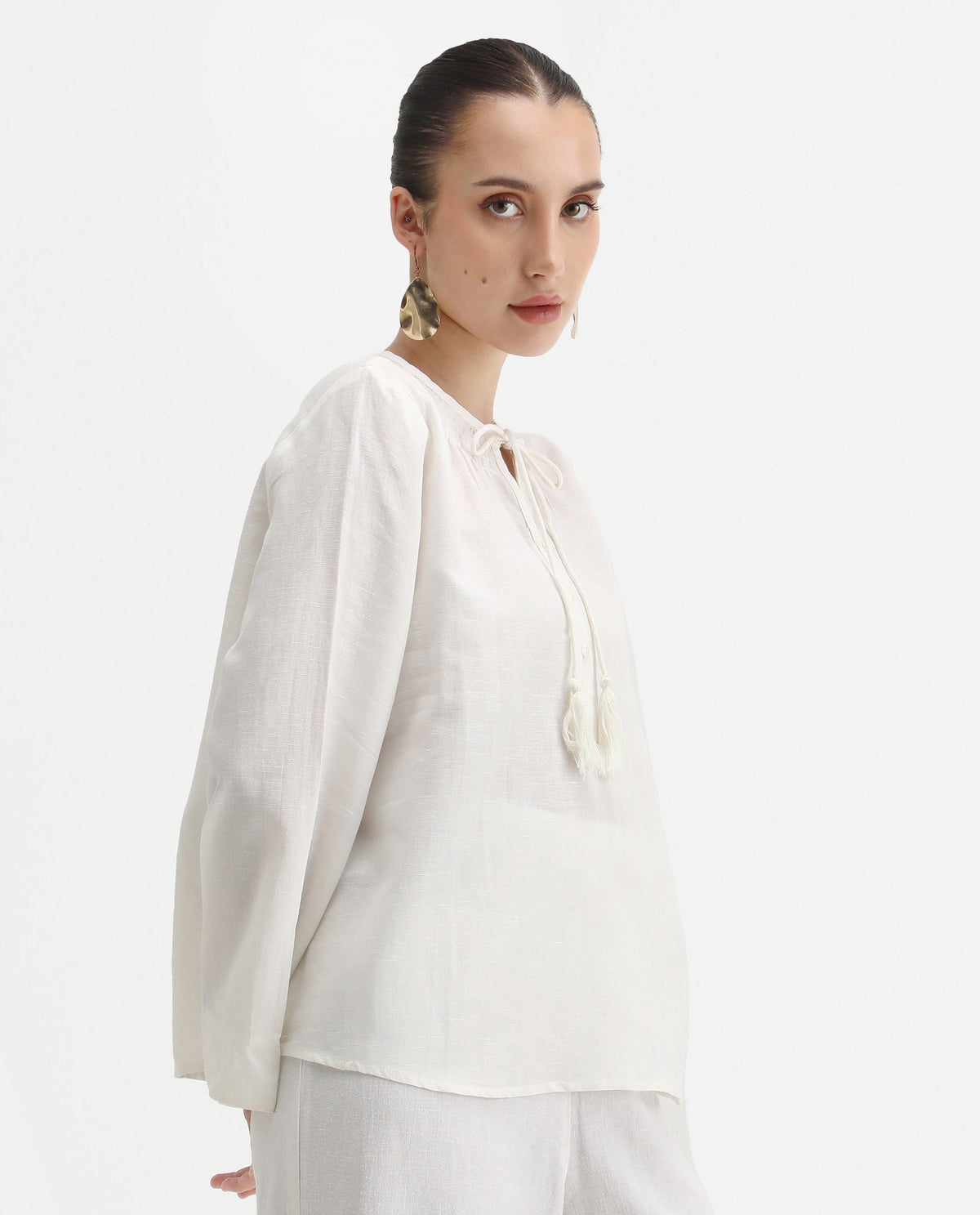 Rareism Women's Joan Light White Tie-Up Neck Plain Relaxed Fit Top