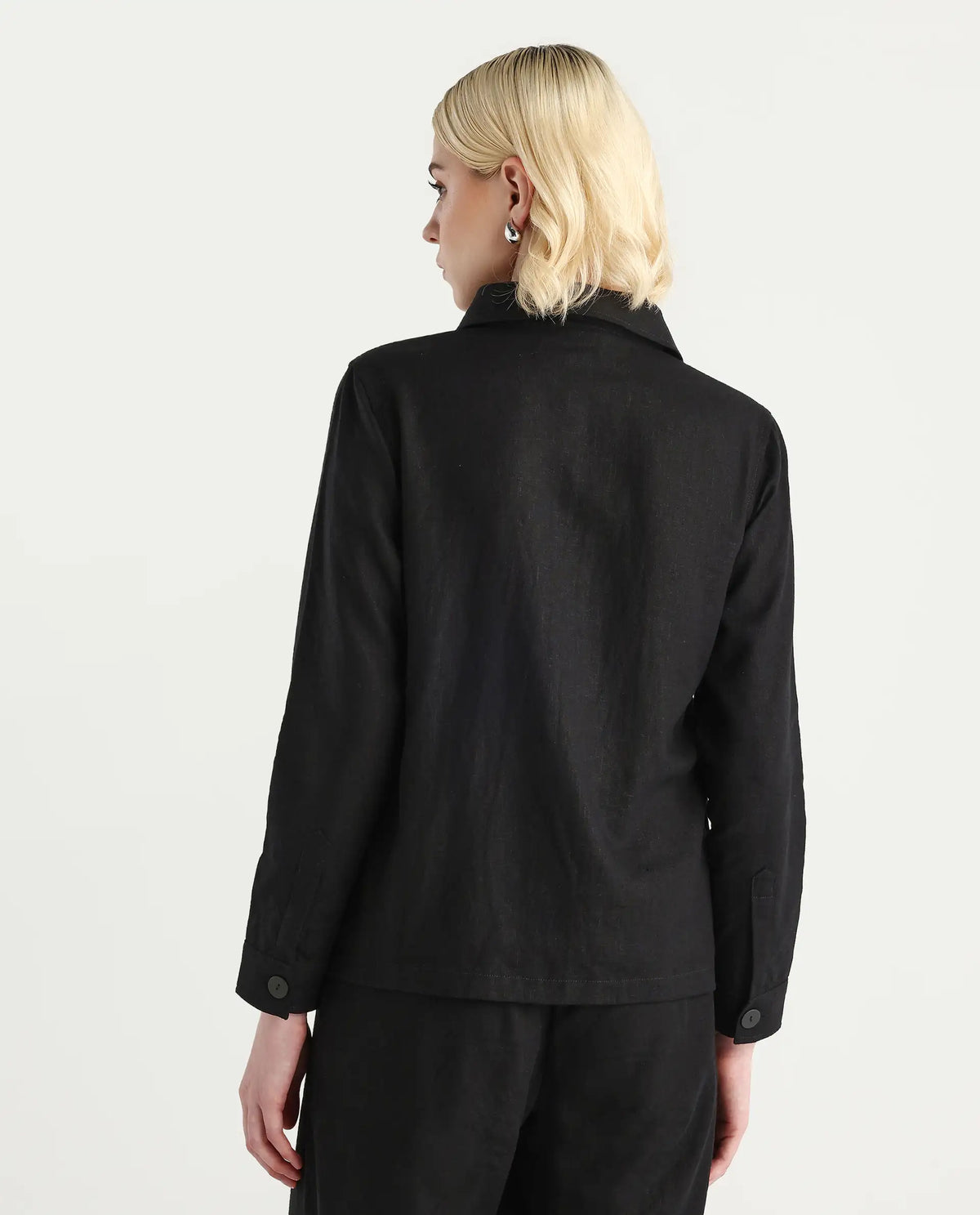 Rareism Women's Jomow-T Black Linen Blend Collared Neck Regular Fit Shacket