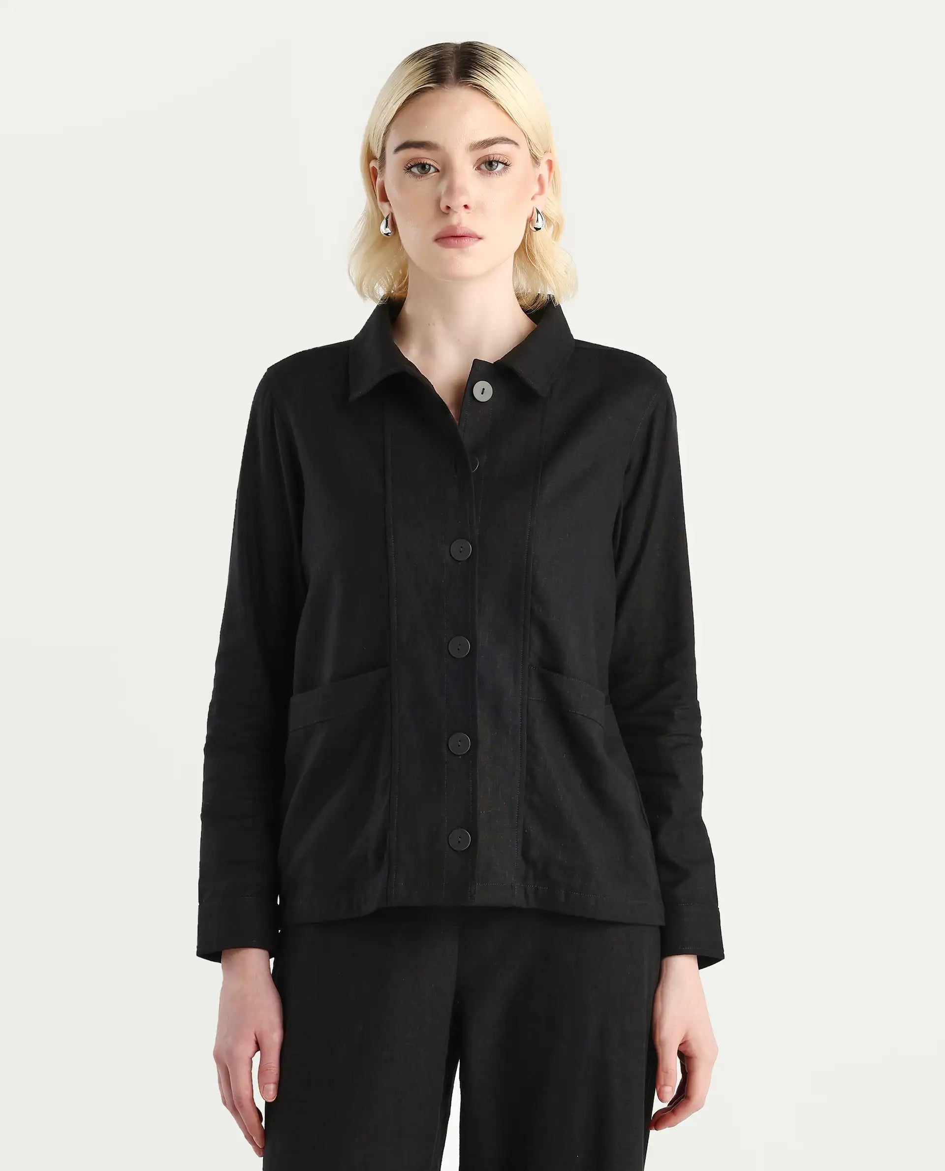 Rareism Women's Jomow-T Black Linen Blend Collared Neck Regular Fit Shacket
