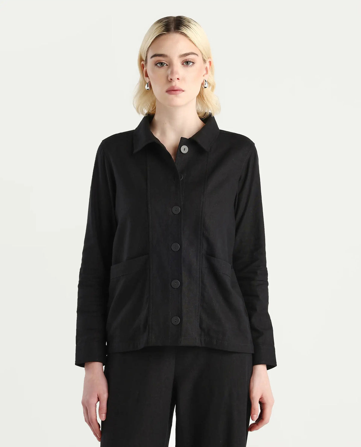 Rareism Women's Jomow-T Black Linen Blend Collared Neck Regular Fit Shacket