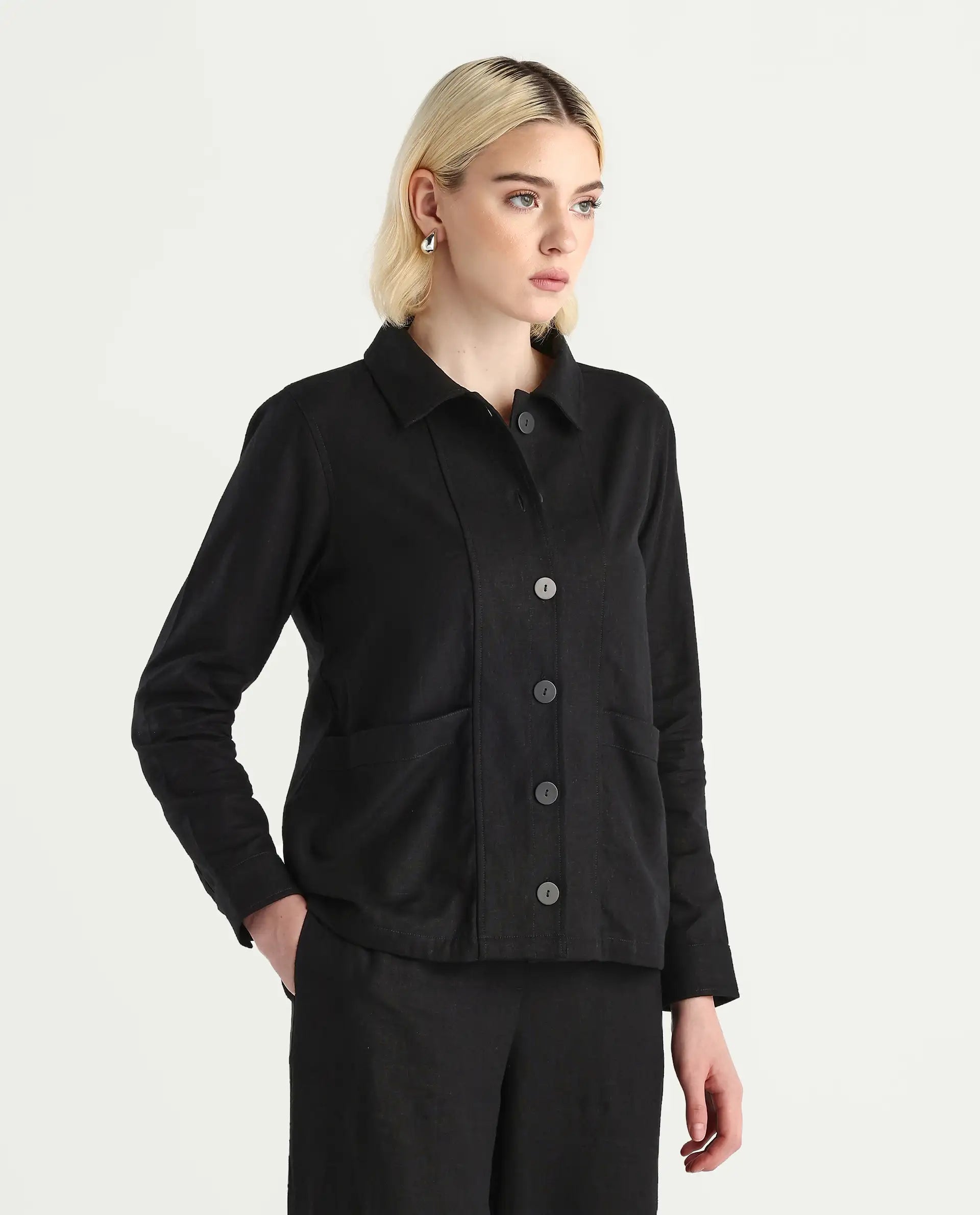 Rareism Women's Jomow-T Black Linen Blend Collared Neck Regular Fit Shacket