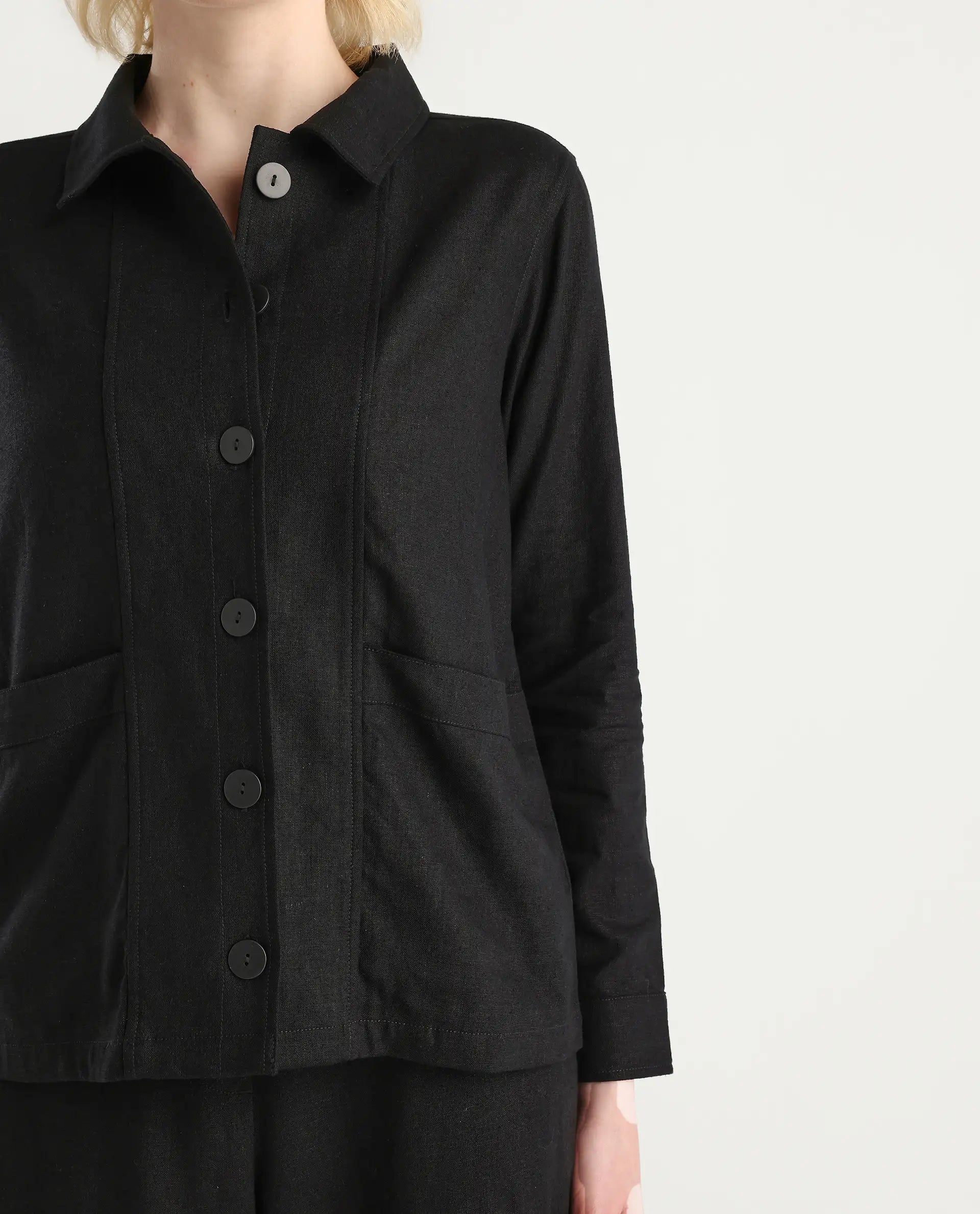 Rareism Women's Jomow-T Black Linen Blend Collared Neck Regular Fit Shacket