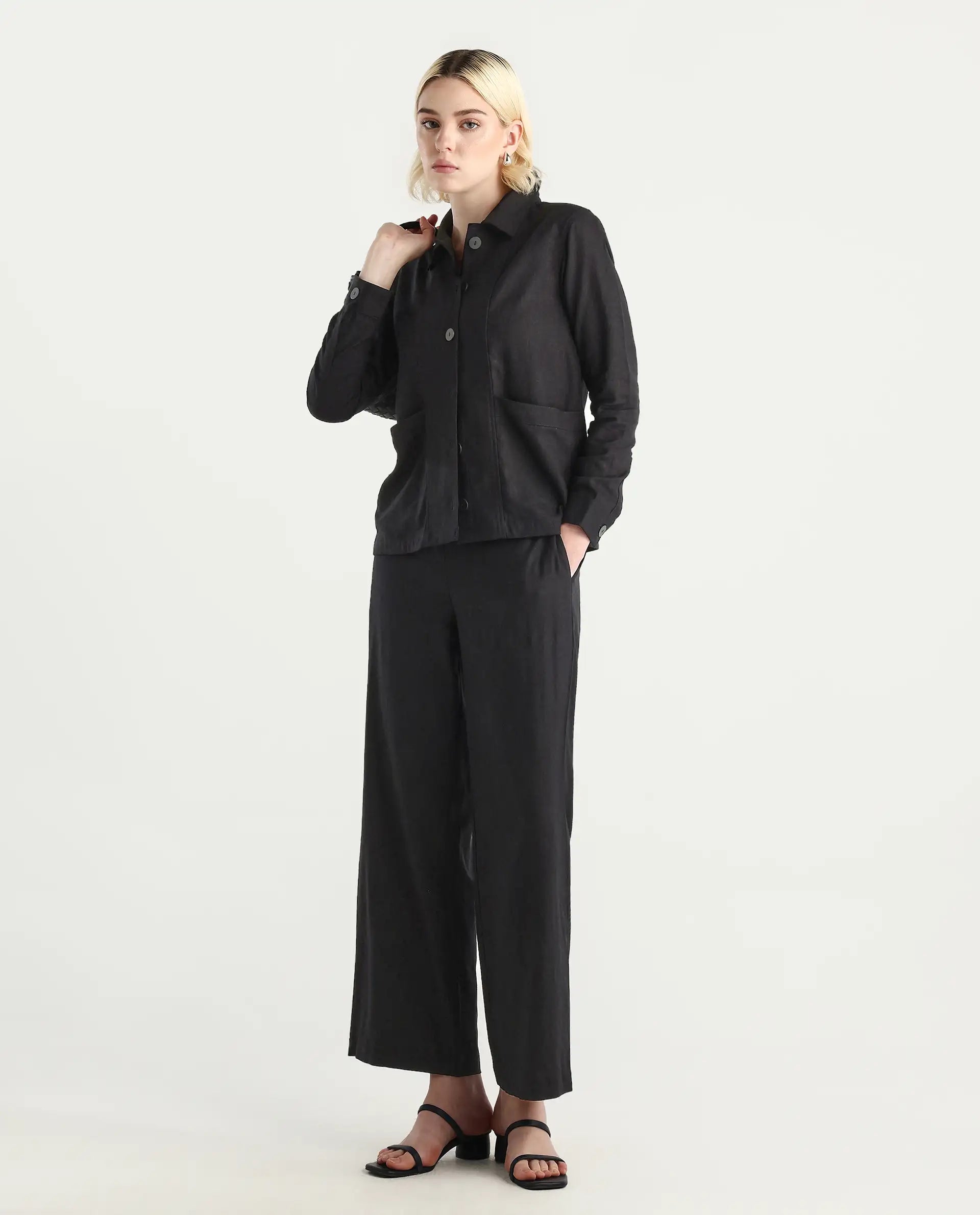 Rareism Women's Jomow-T Black Linen Blend Collared Neck Regular Fit Shacket