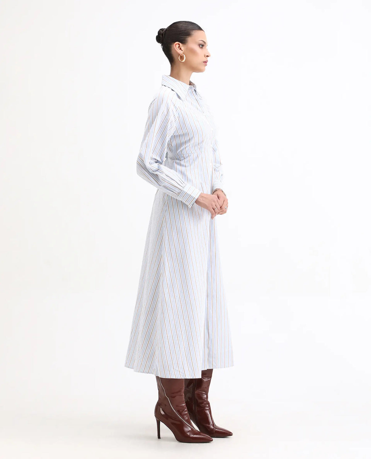 Rareism Women Juqo Light Blue Cotton Fabric Raglan Sleeves Collared Neck Button Closure A-Line Maxi Striped Dress