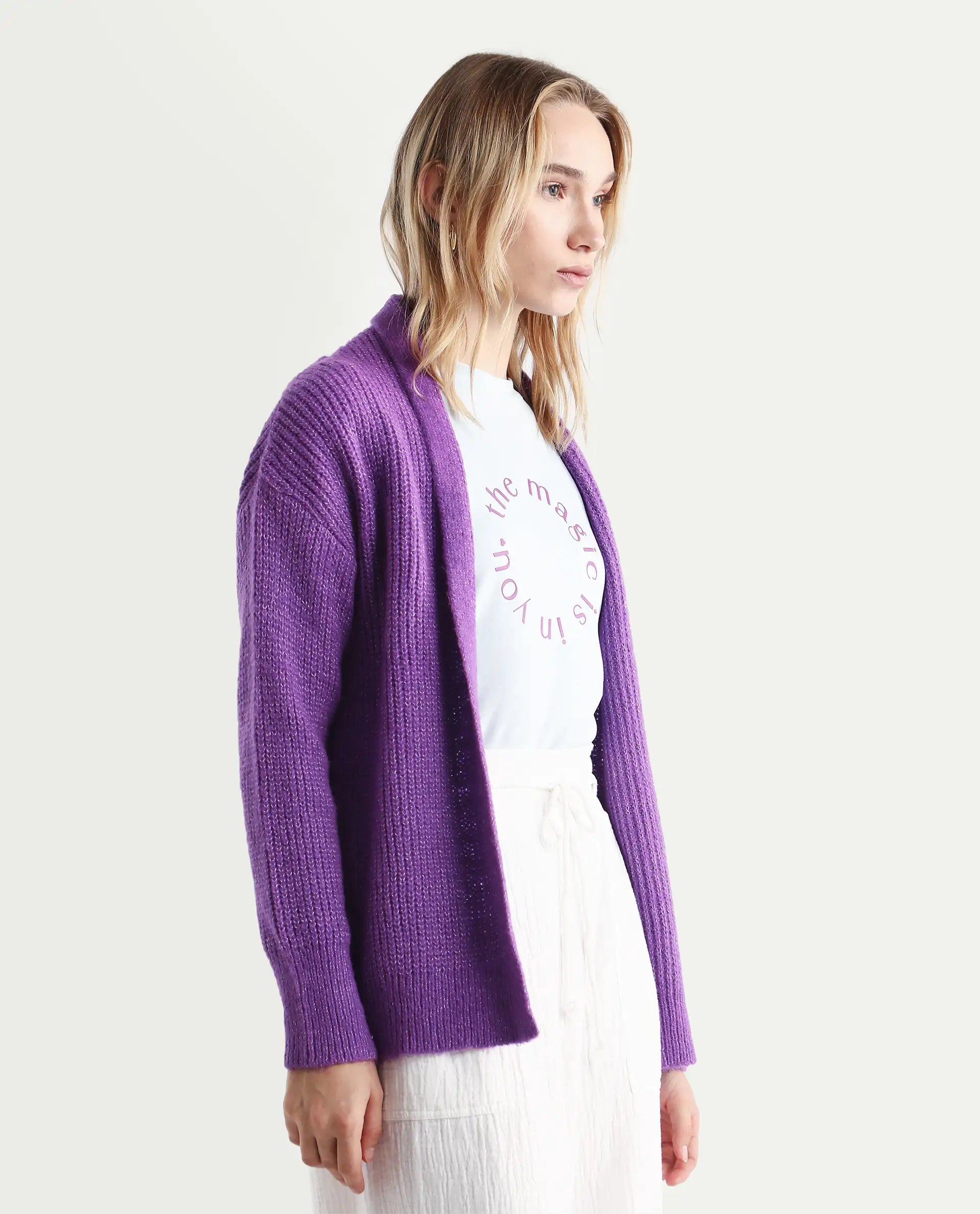 Rareism Women's Jug Purple Acrylic Collarless Plain Mini Relaxed Fit Shrug