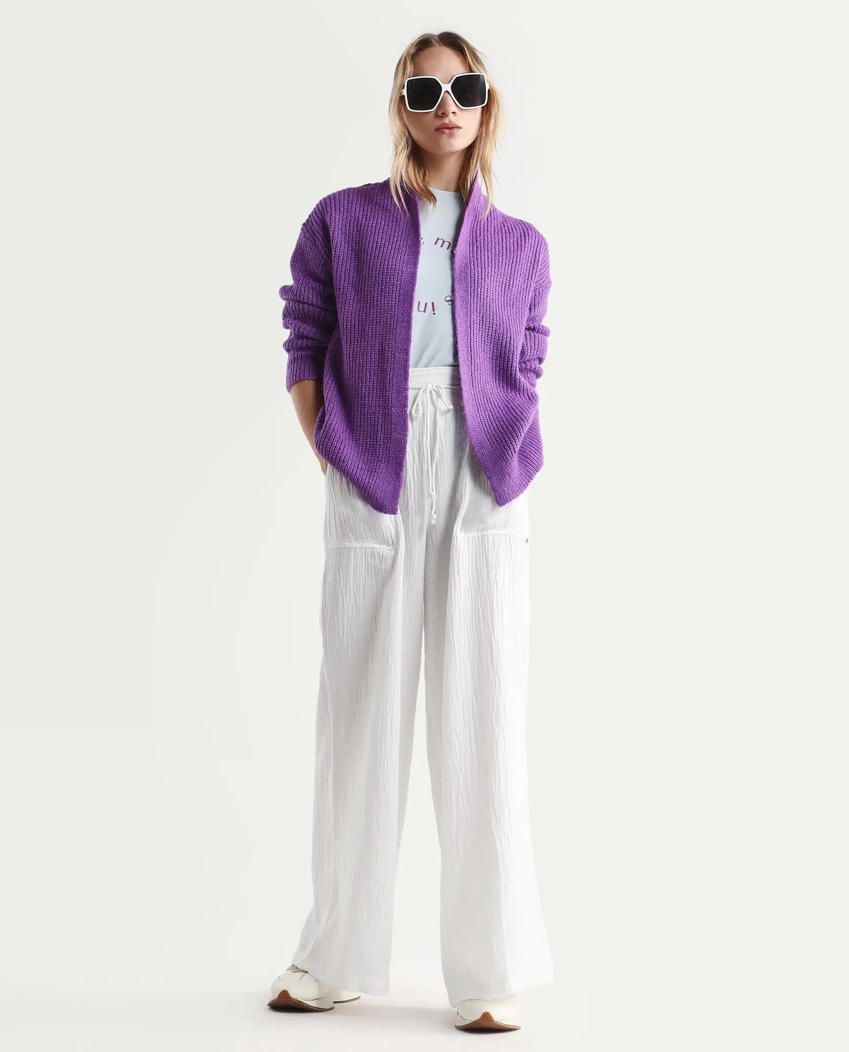 Rareism Women's Jug Purple Acrylic Collarless Plain Mini Relaxed Fit Shrug
