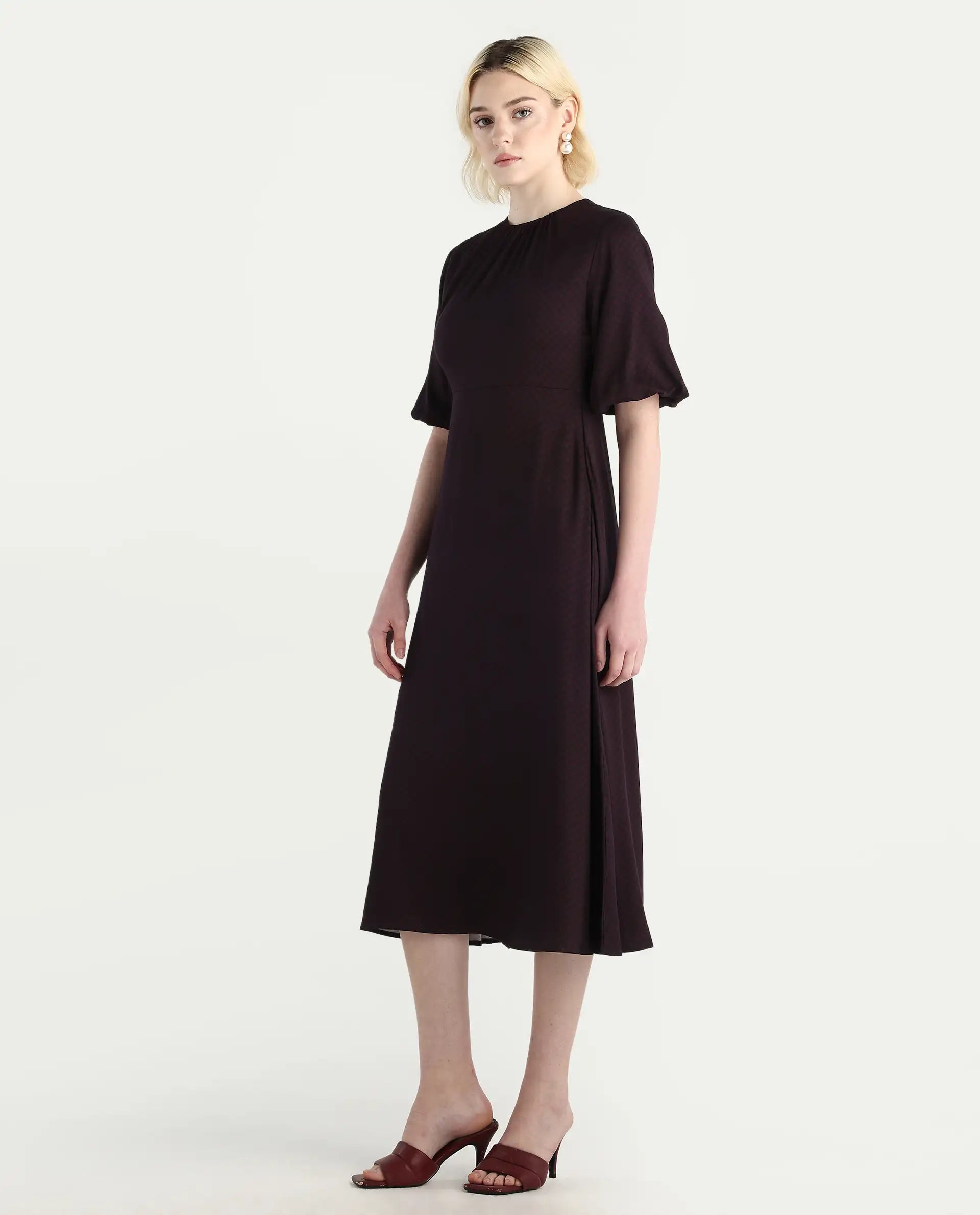 Rareism Women's Jumen Black Viscose Crew Neck A-Line Printed Dress