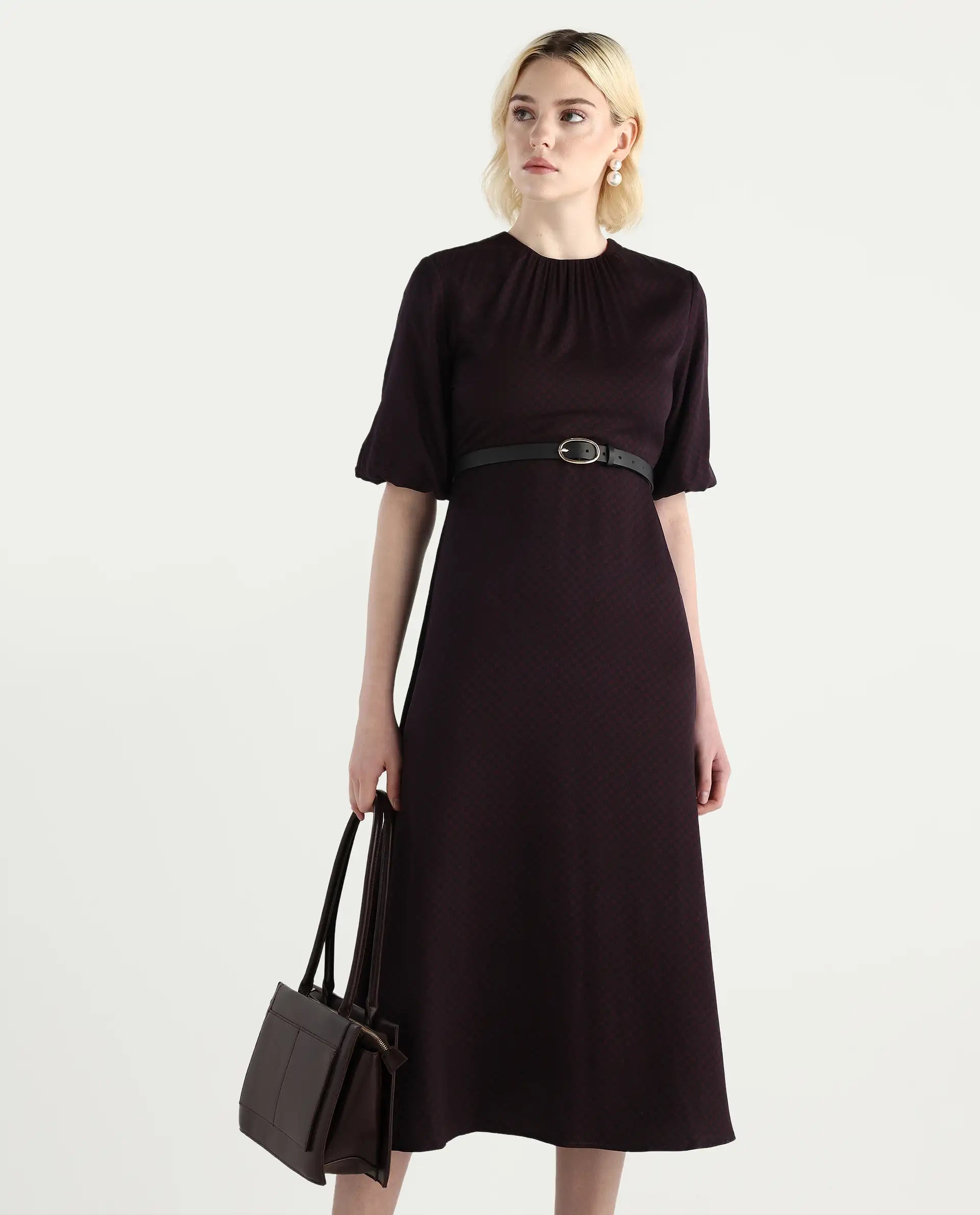 Rareism Women's Jumen Black Viscose Crew Neck A-Line Printed Dress