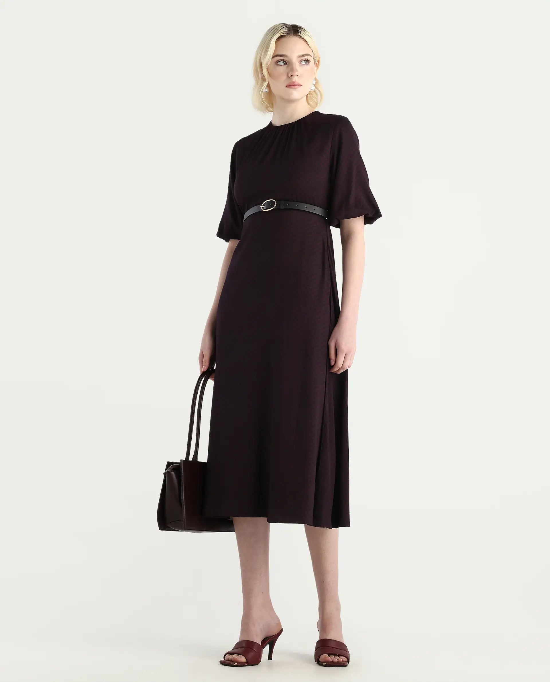 Rareism Women's Jumen Black Viscose Crew Neck A-Line Printed Dress