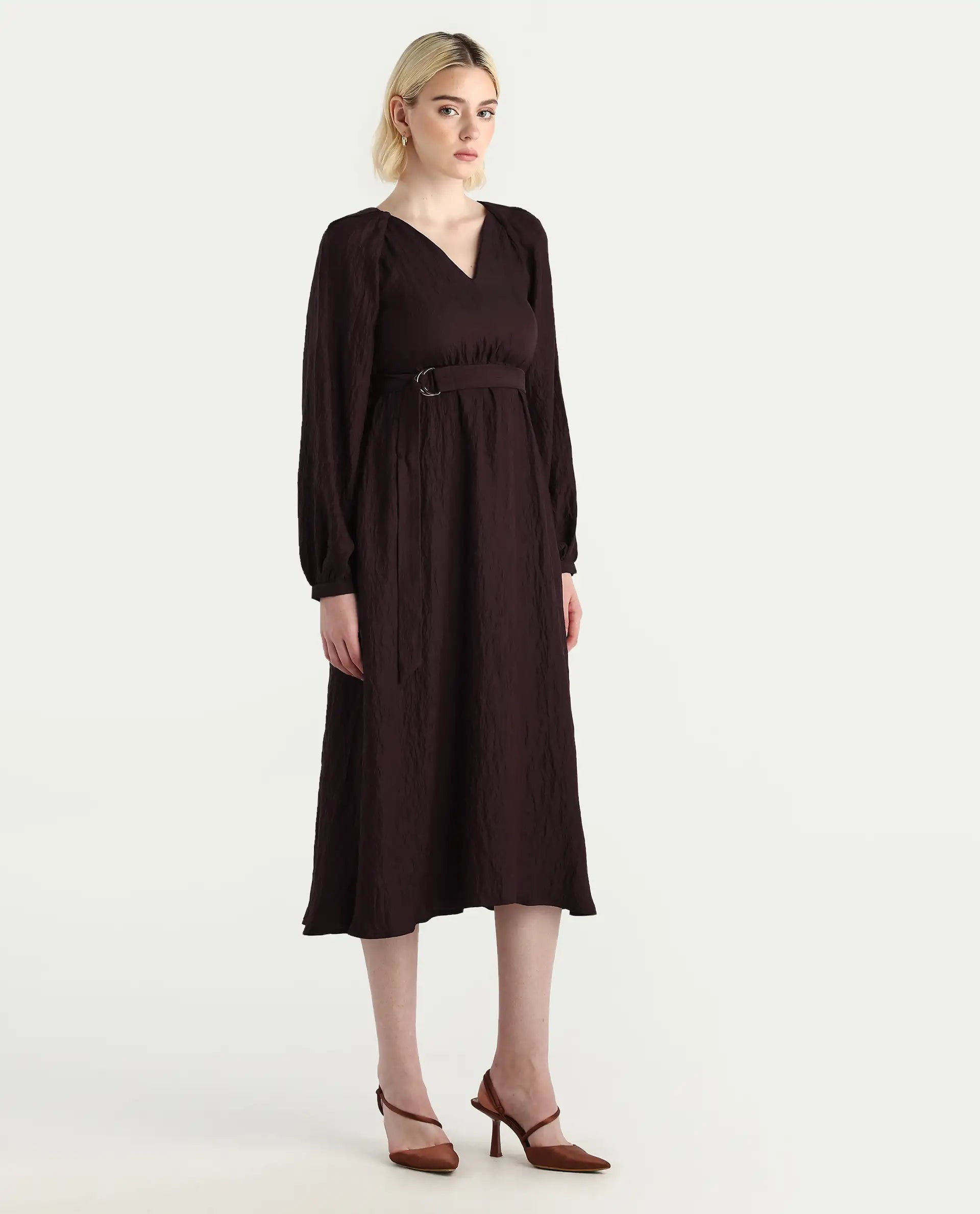 Rareism Women's Jumi Dark Brown Viscose Blend Raglan Sleeves V-Neck Flared Fit Plain Dress